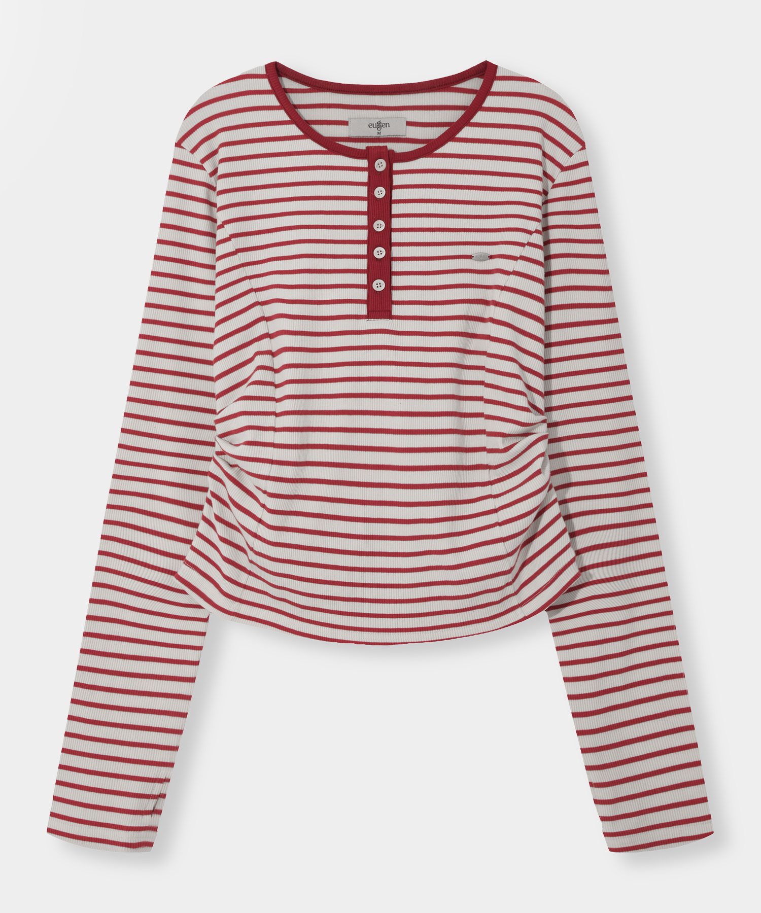 HENLEY NECK SHIRRING LONG SLEEVE T-SHIRT_STRIPE CREAM&RED