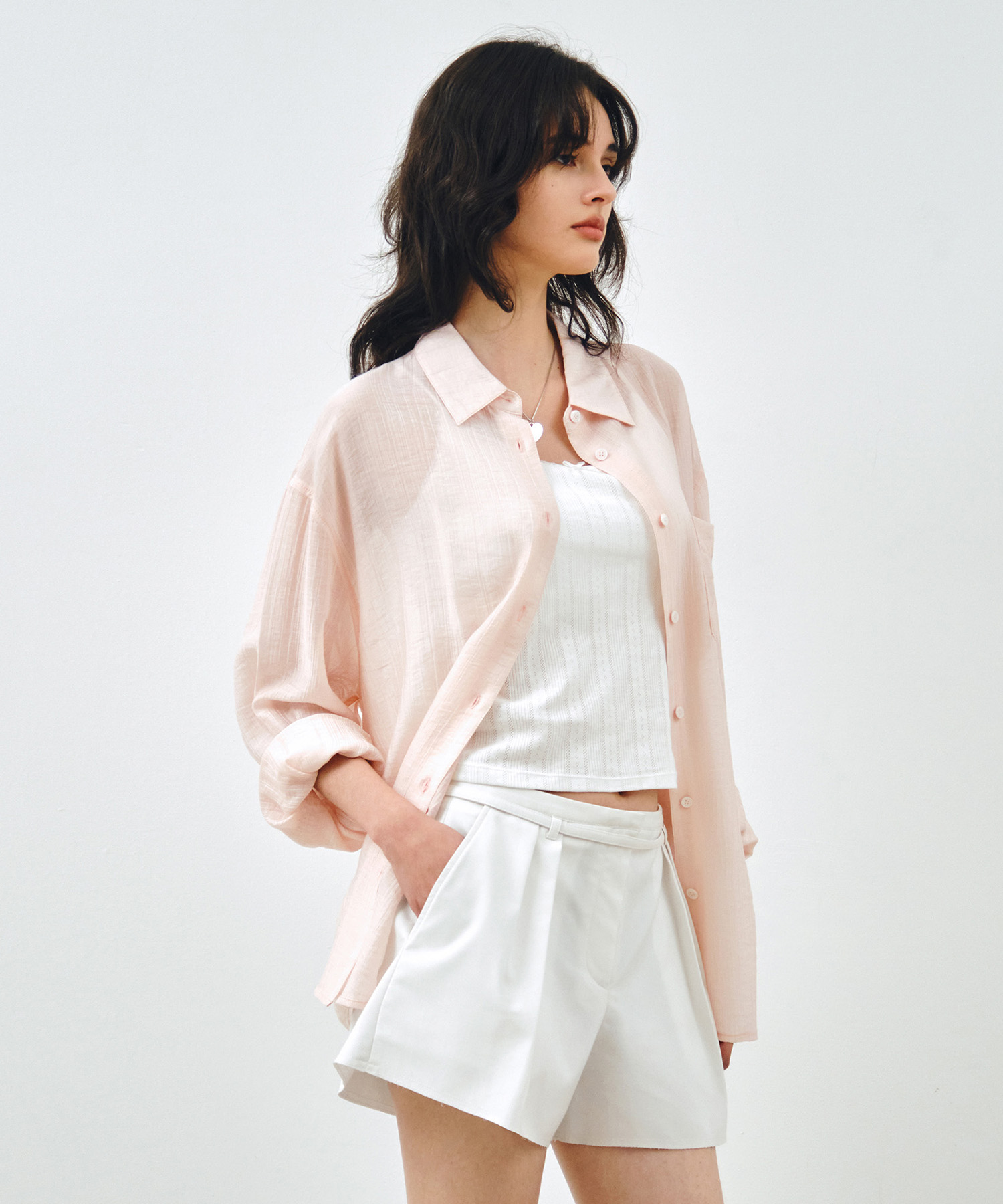 Свободная прозрачная рубашка из тенселя Light Pink MDSH019LPINK