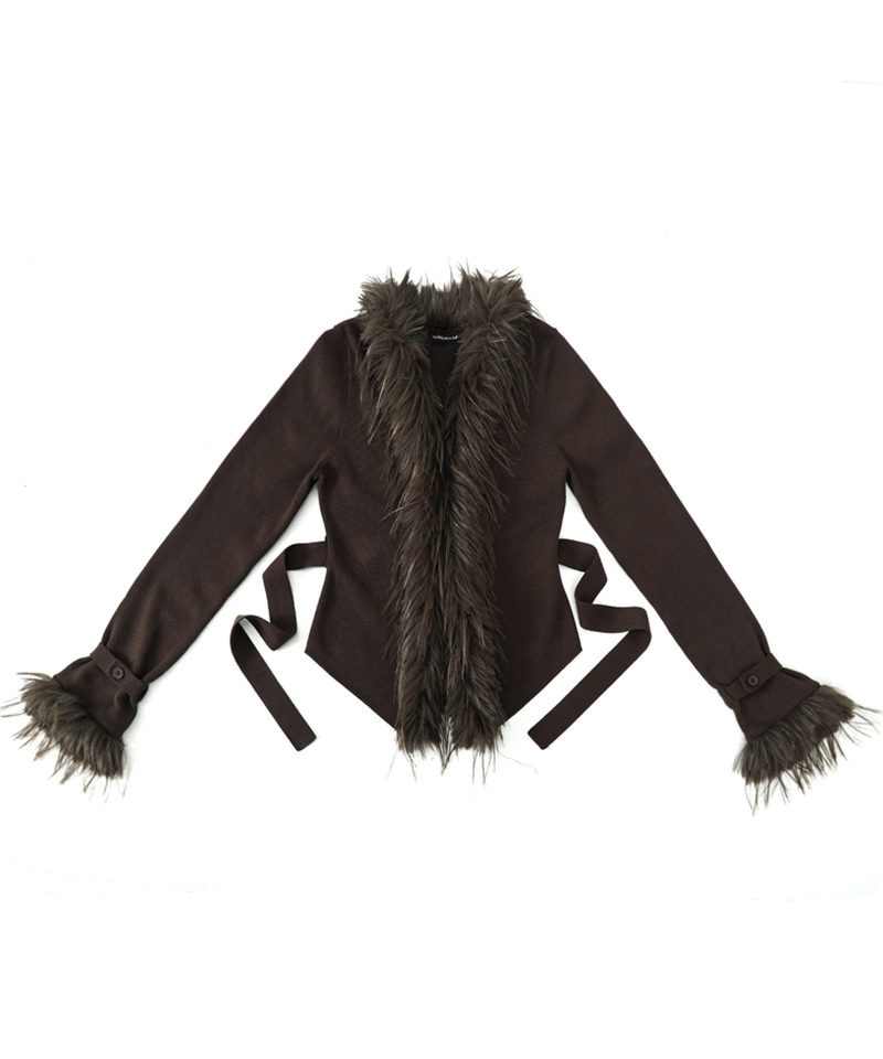 Fur-Trimmed Back-Strap Cardigan #Brown