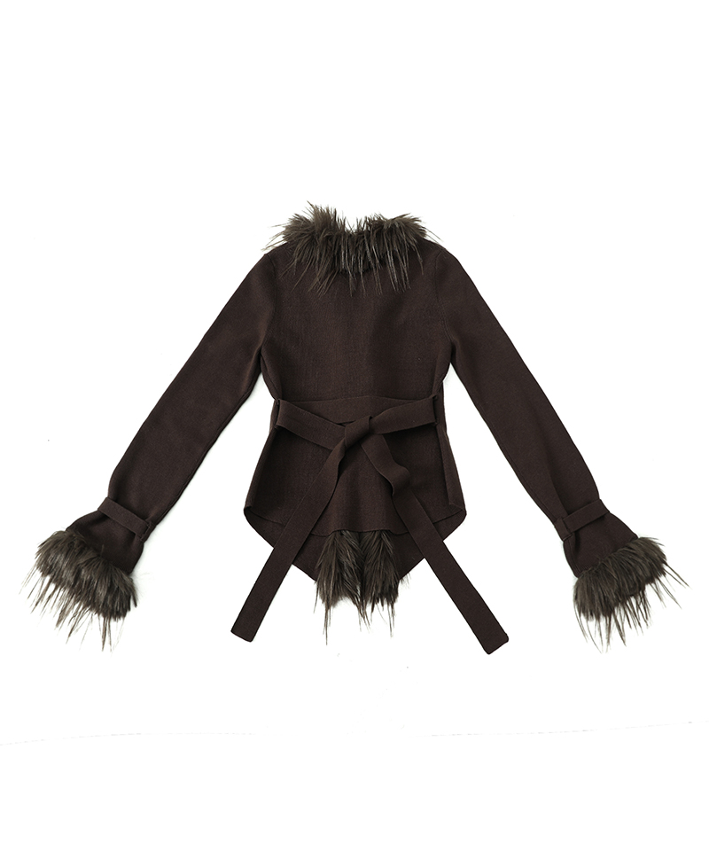 Fur-Trimmed Back-Strap Cardigan #Brown