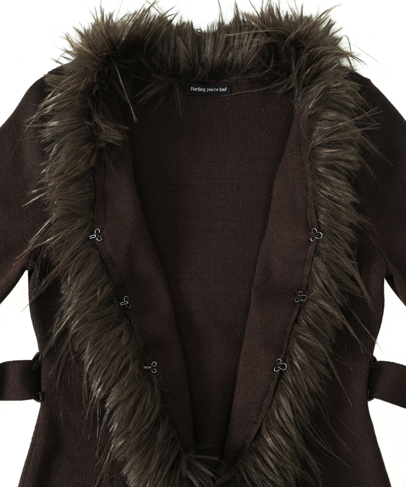 Fur-Trimmed Back-Strap Cardigan #Brown