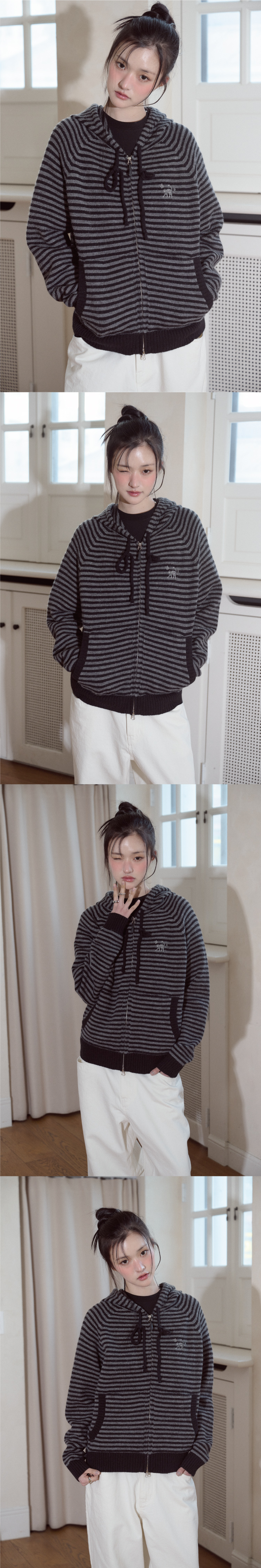 CAT STRIPE HOOD KNIT ZIP-UP - 2 COLORS CHARCOAL