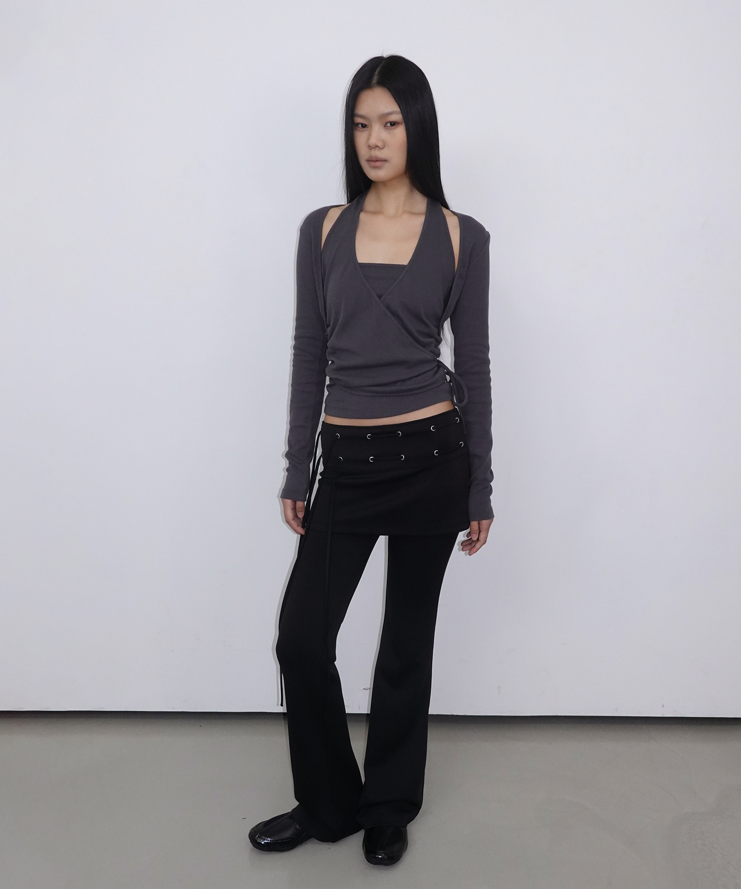 Layered Halter Wrap Long Sleeve_Charcoal