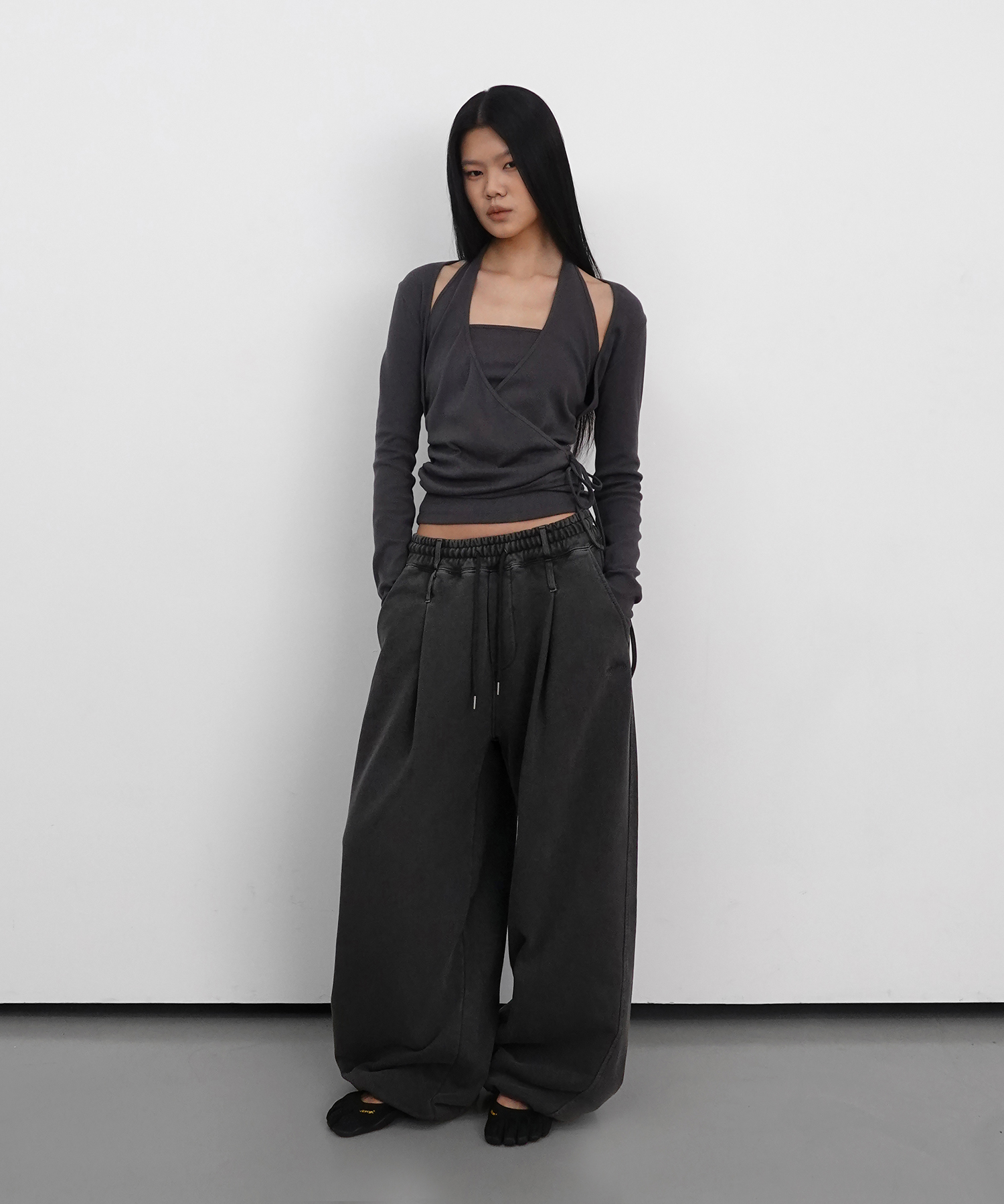 Layered Halter Wrap Long Sleeve_Charcoal
