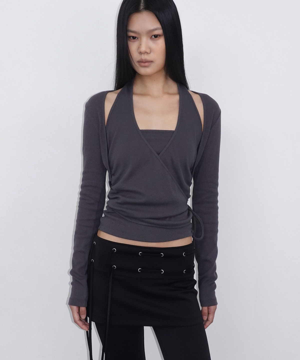 Layered Halter Wrap Long Sleeve_Charcoal