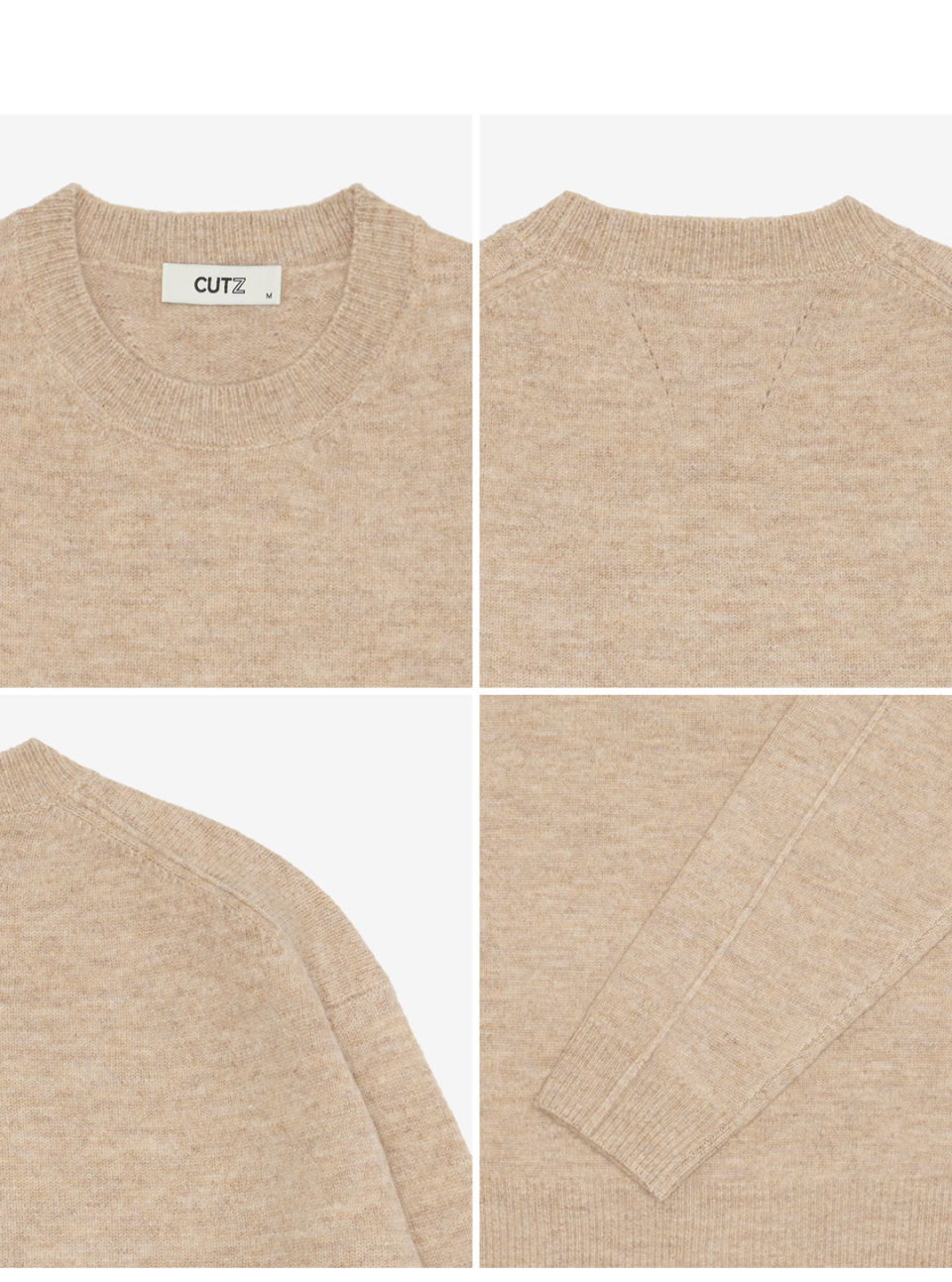 오트밀 컬러로 넥과 암홀과,소매 디테일을 보여주는 이미지