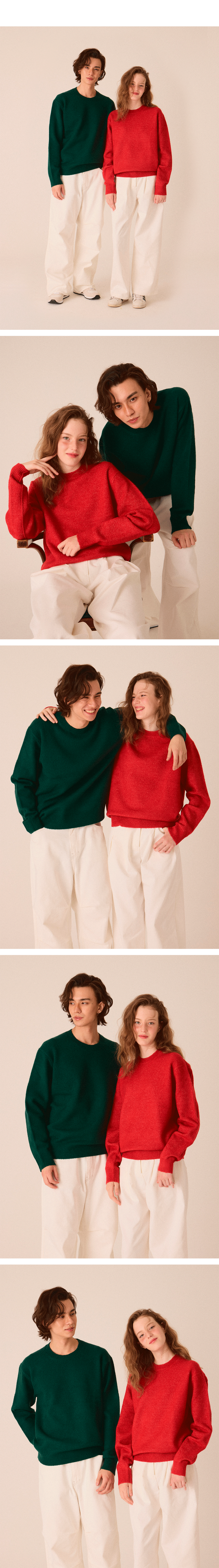  남,여 모델이 그린과 레드 컬러의 스웨터를 입고 자유포즈를 한 이미지 