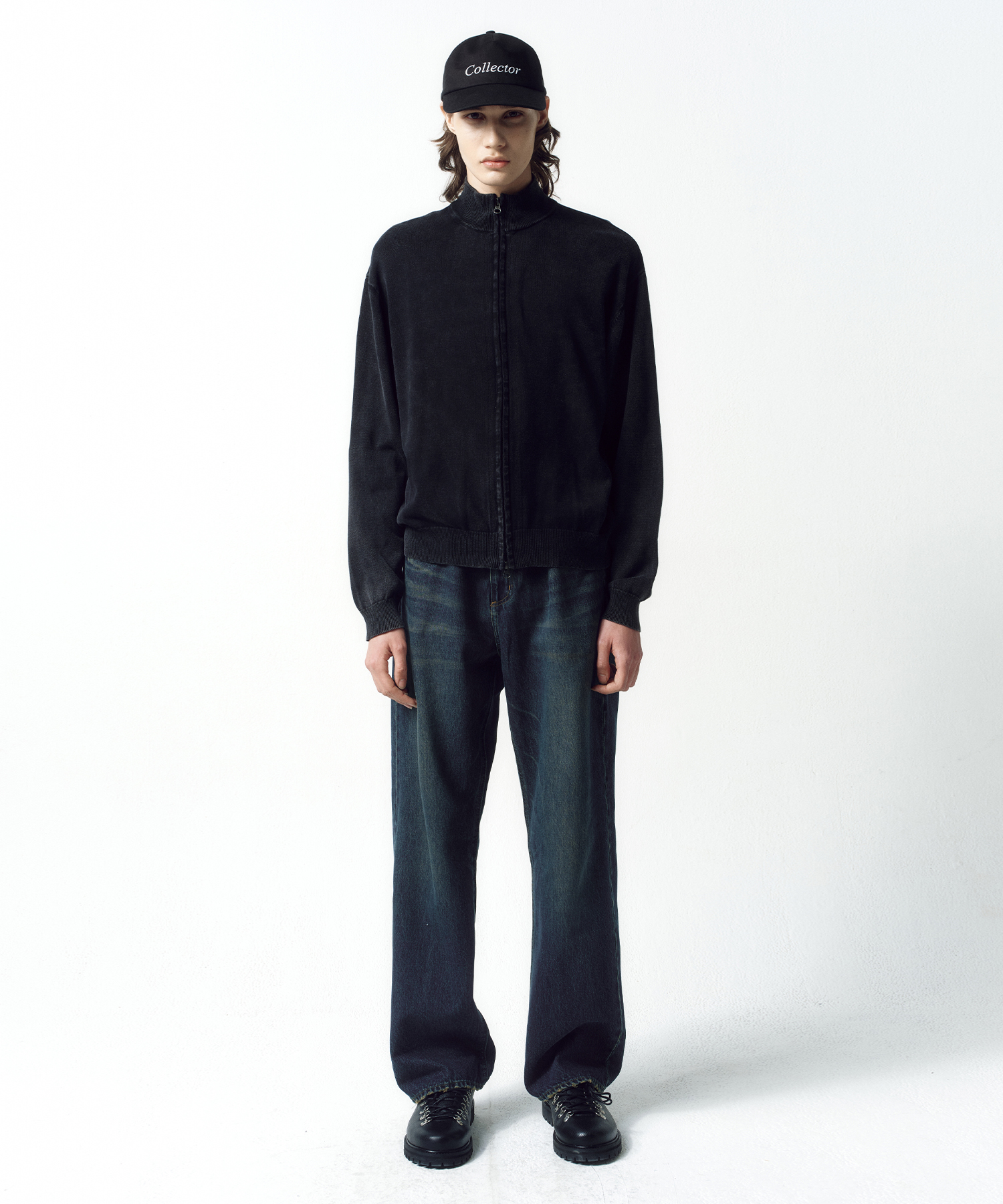 Stone Washed Knit Zip-Up WASHED BLACK