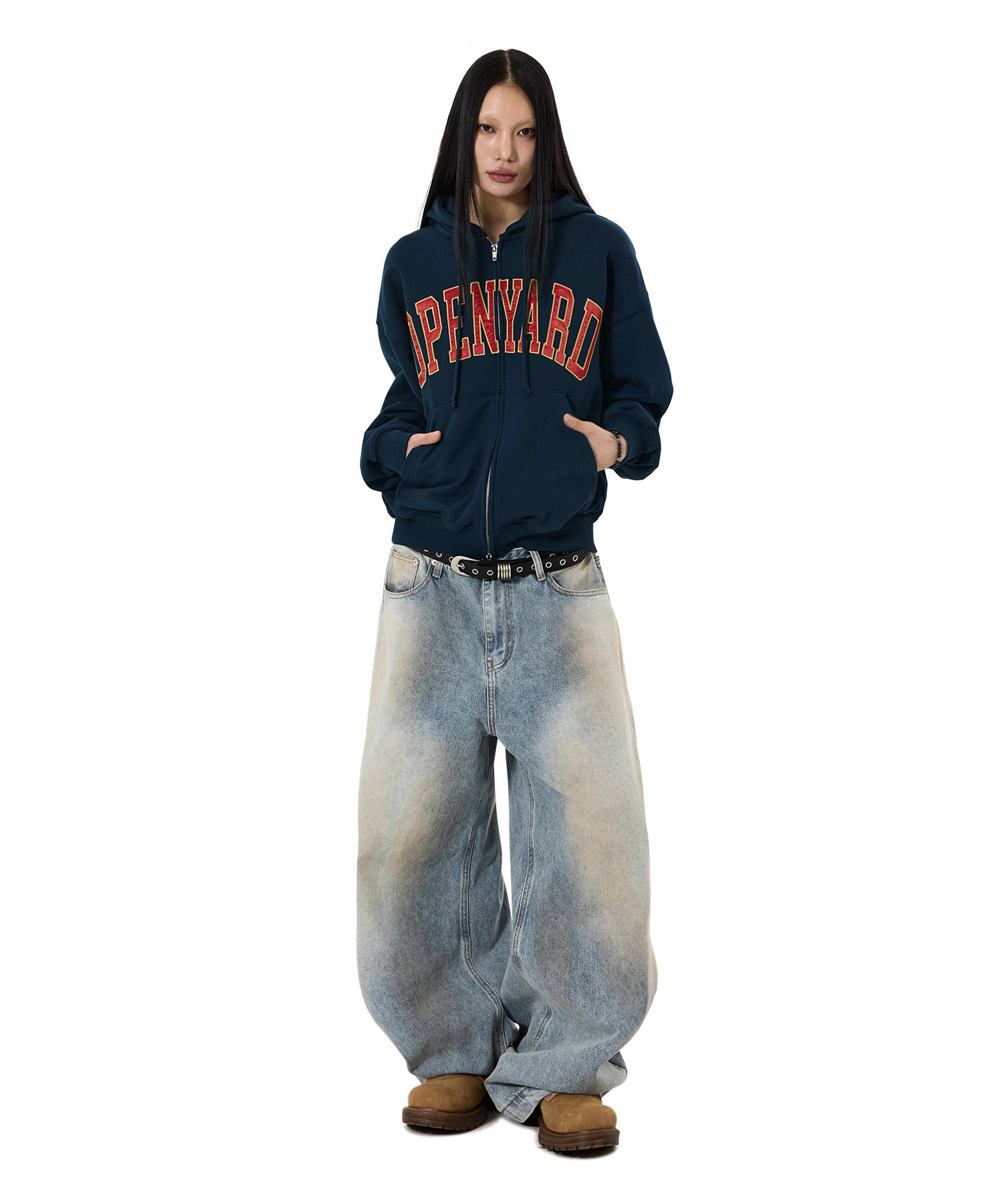 SATIN PATCH HOODIE ZIP UP - NAVY