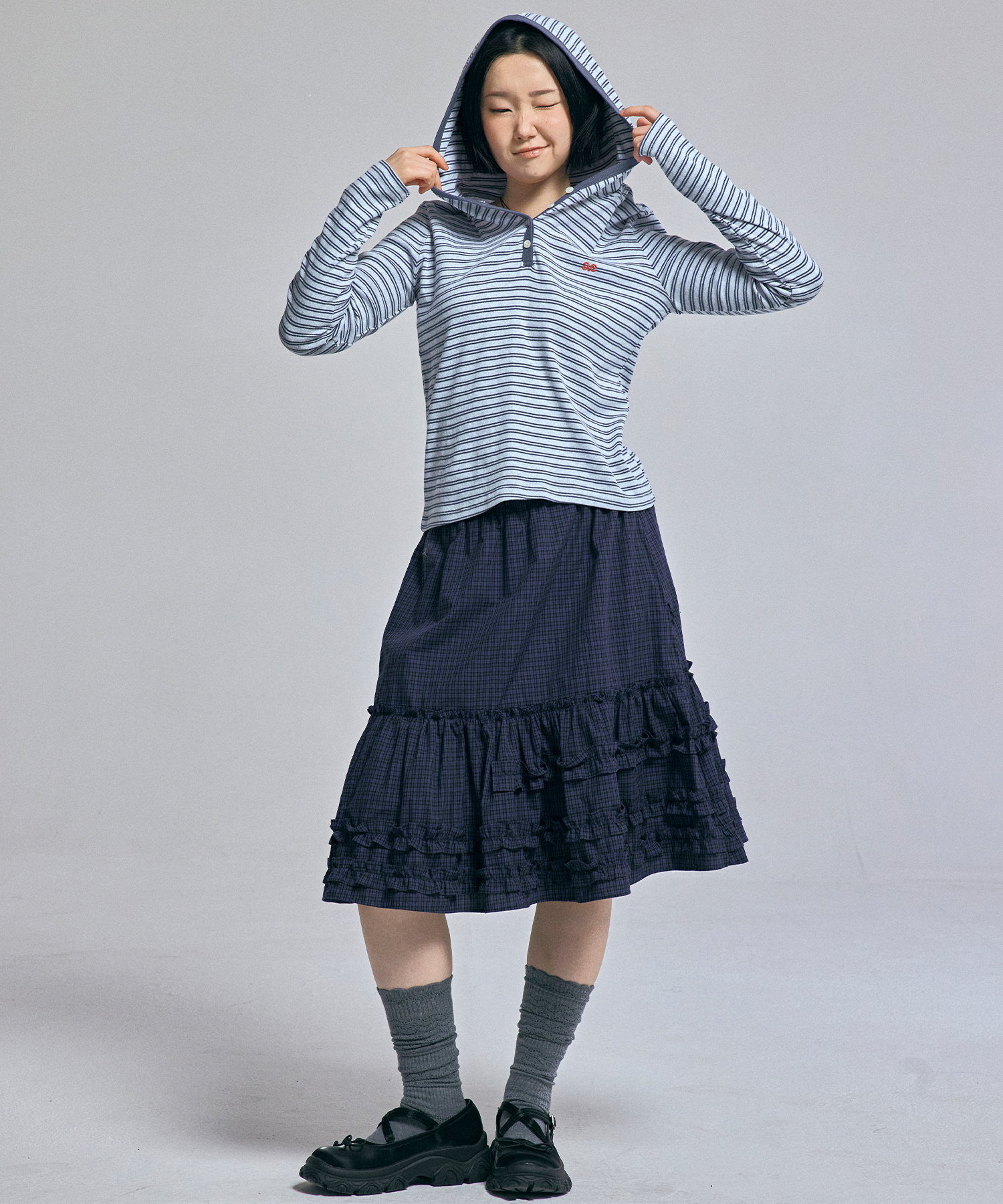 STRIPED BUTTON HOOD T-SHIRT D/синий