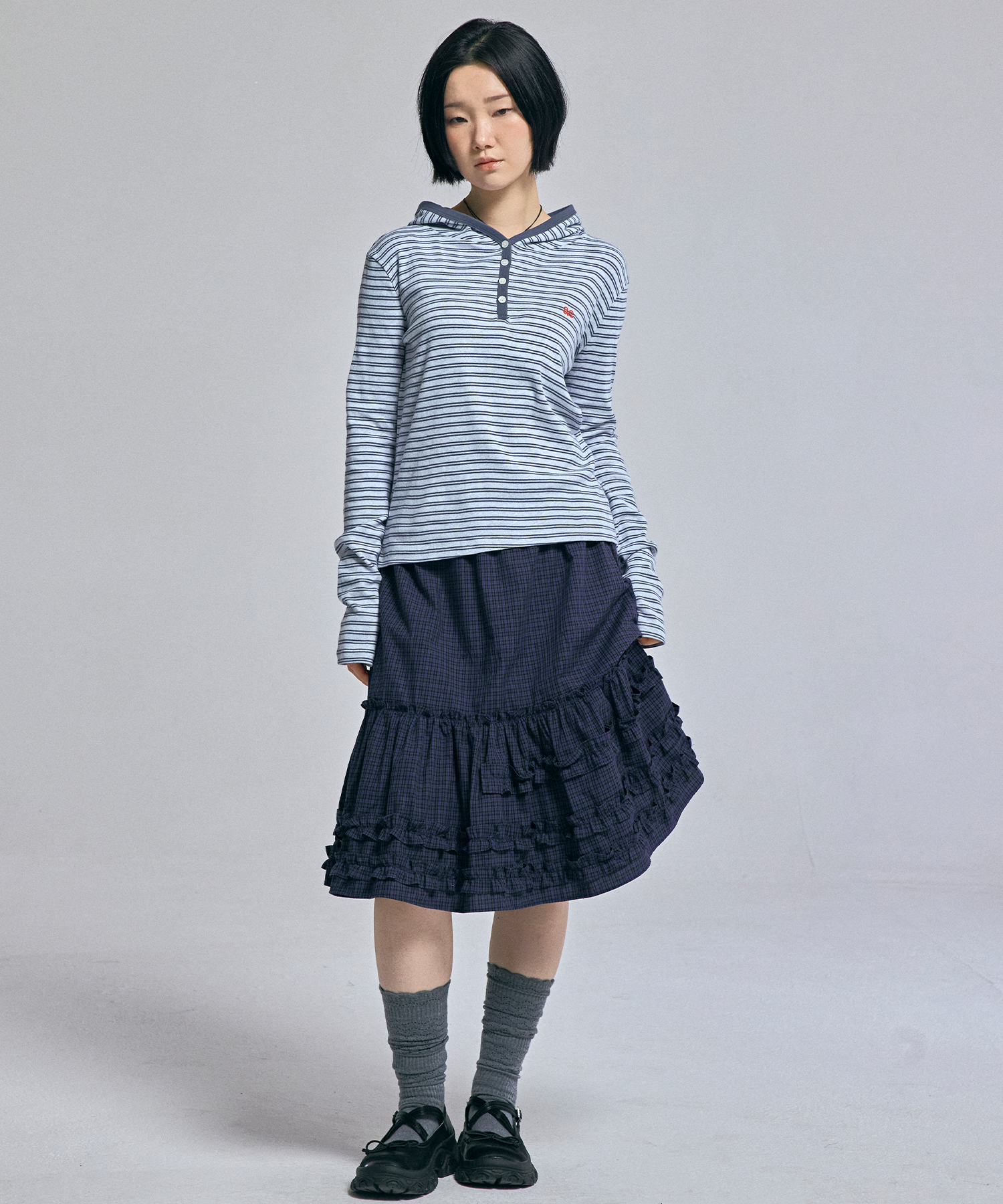 STRIPED BUTTON HOOD T-SHIRT D/синий
