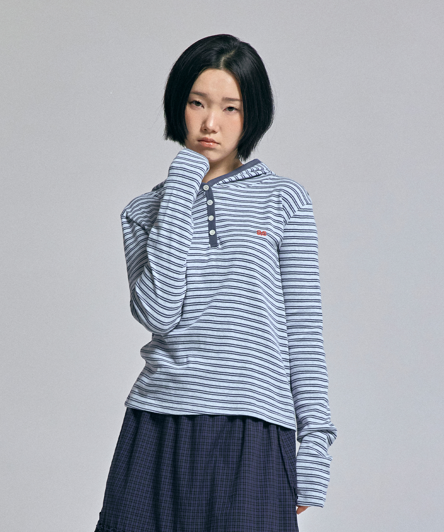 STRIPED BUTTON HOOD T-SHIRT D/синий