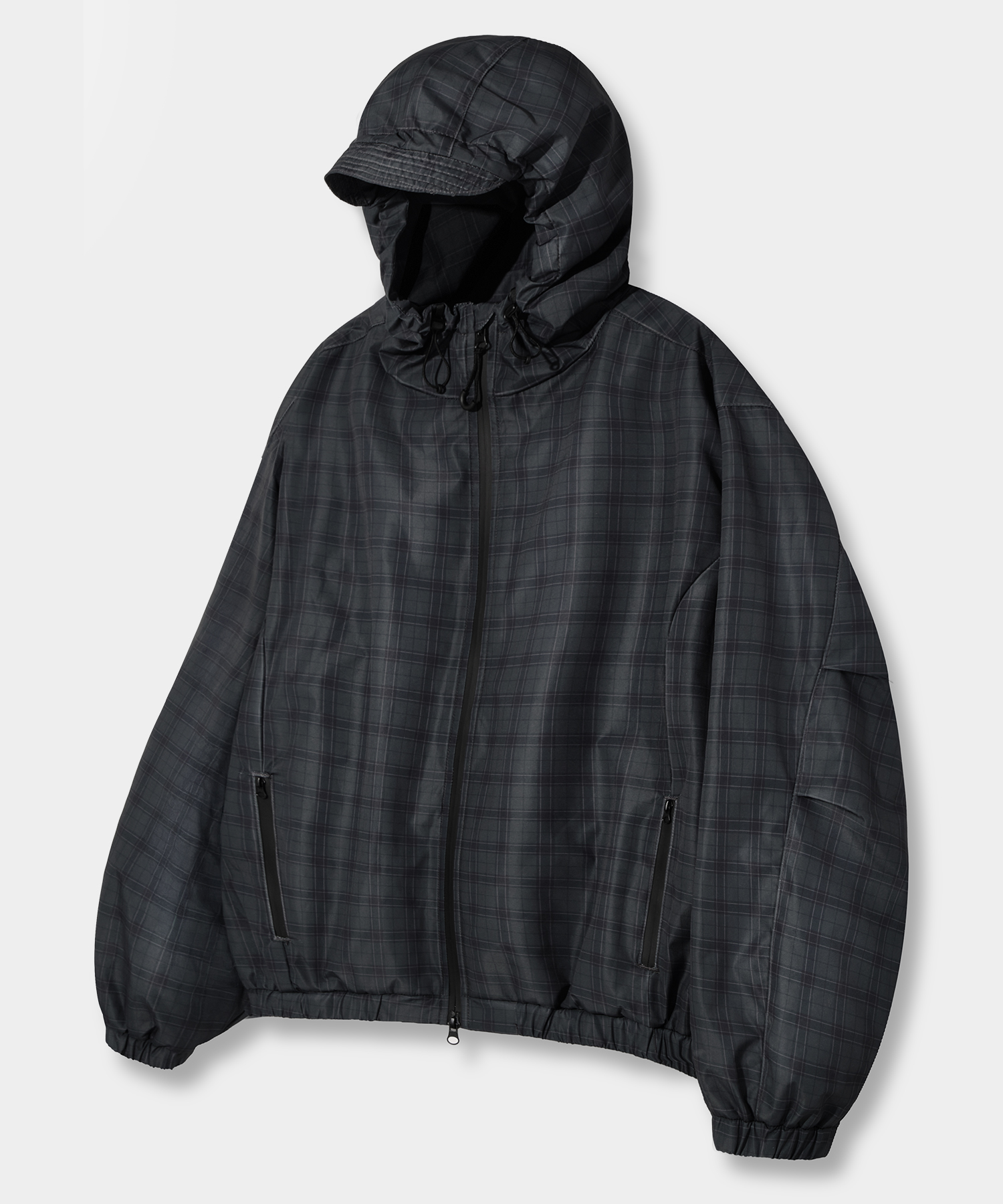 2WAY CHECK HOODED WINDBREAKER JACKET_BLACK