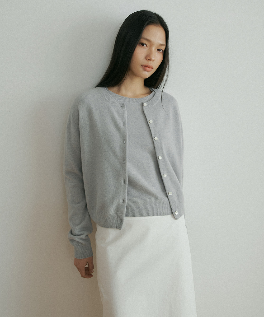 wool round neck knit cardigan- sky синий