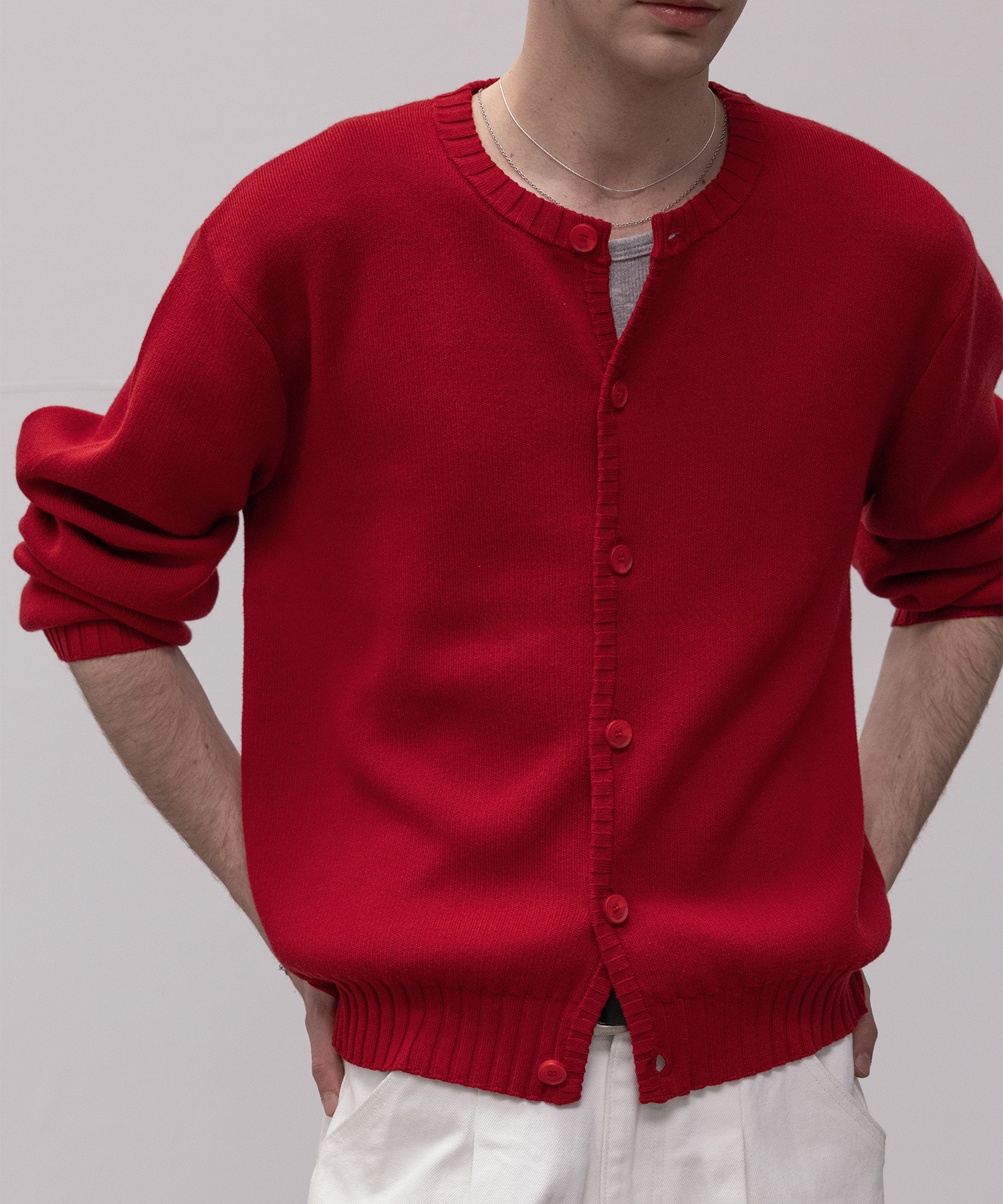 Panel Ribbed Round горловина Cardigan [DEEP RED]