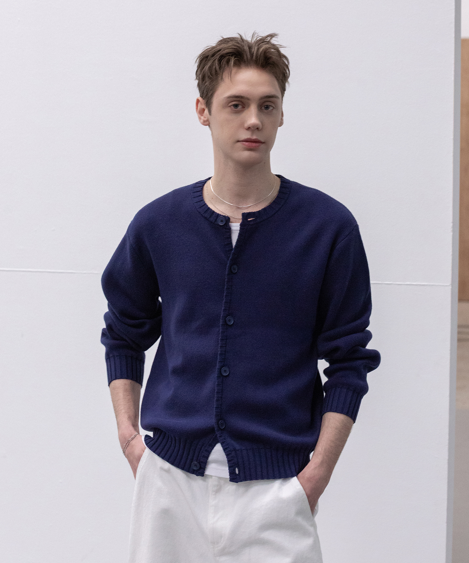 Panel Ribbed Round горловина Cardigan [NAVY]