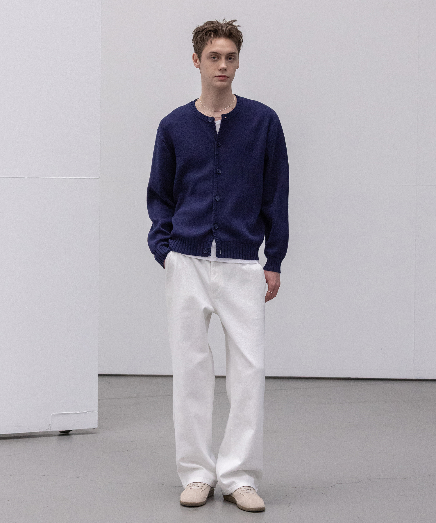 Panel Ribbed Round горловина Cardigan [NAVY]
