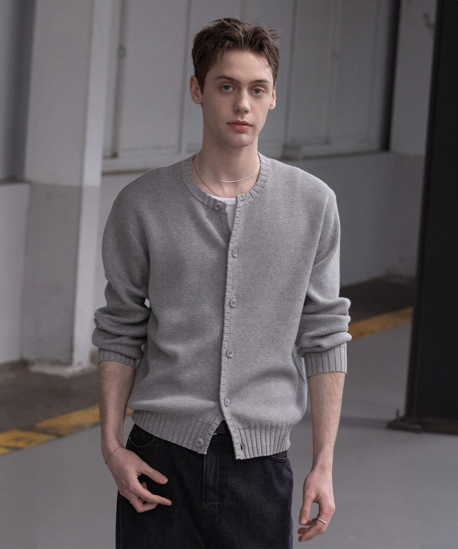 Panel Ribbed Round горловина Cardigan [GRAY]