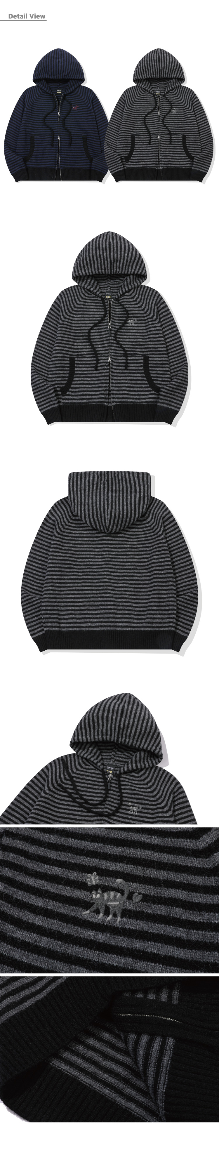 CAT STRIPE HOOD KNIT ZIP-UP - 2 COLORS CHARCOAL