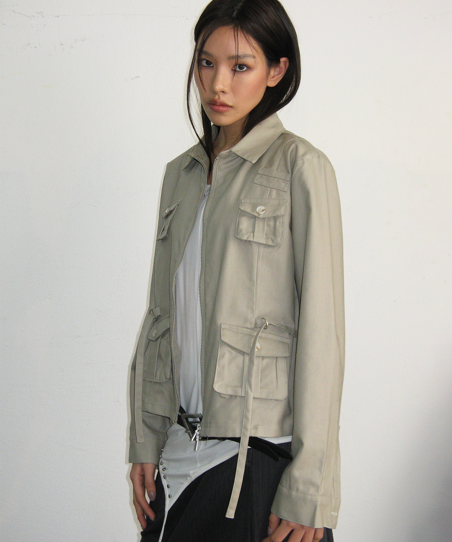Базовый хлопковый блузон с карманами и ремешком [Beige]