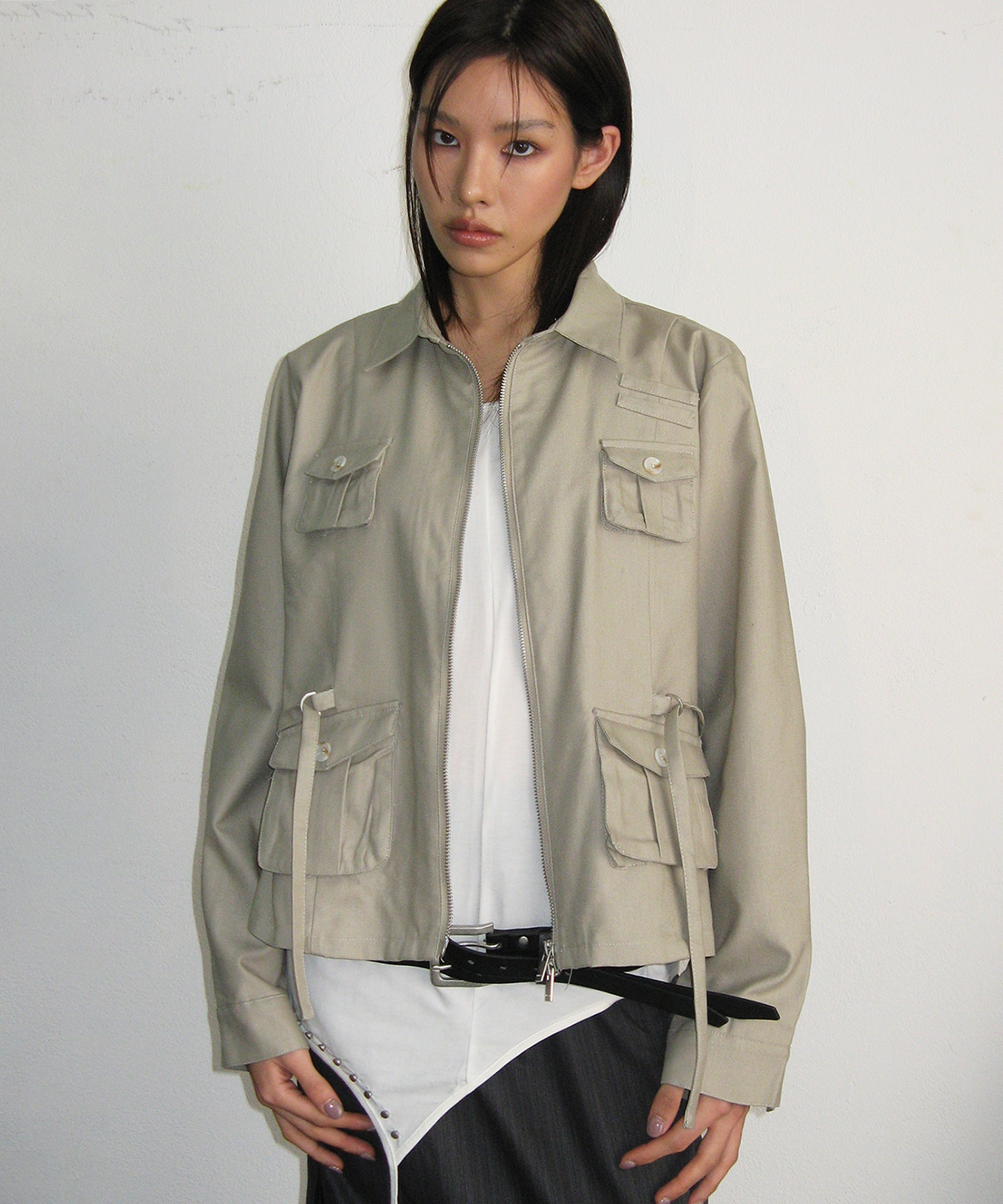 Базовый хлопковый блузон с карманами и ремешком [Beige]