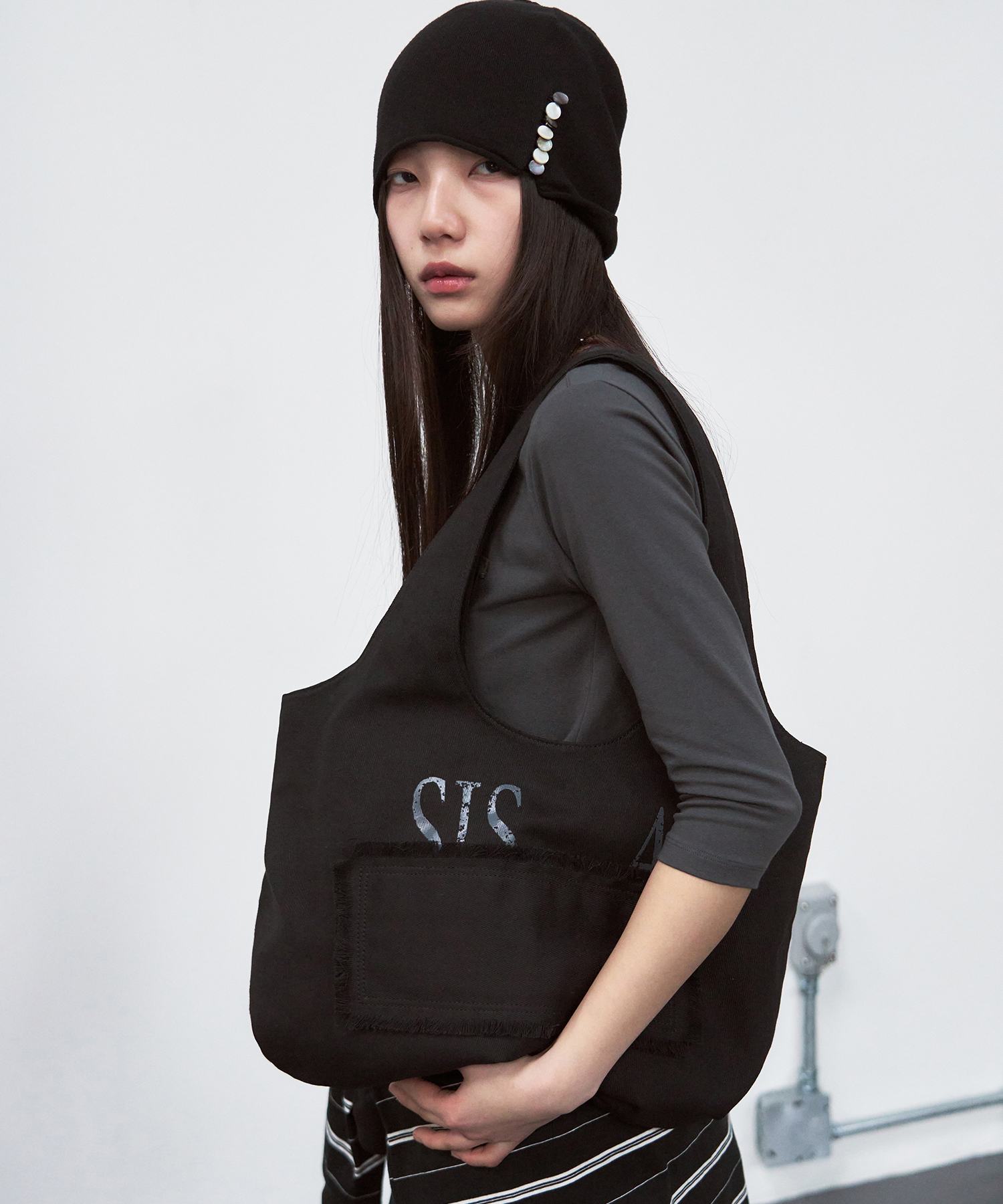 VINTAGE WASHED COTTON SHOPPER BAG / BLACK