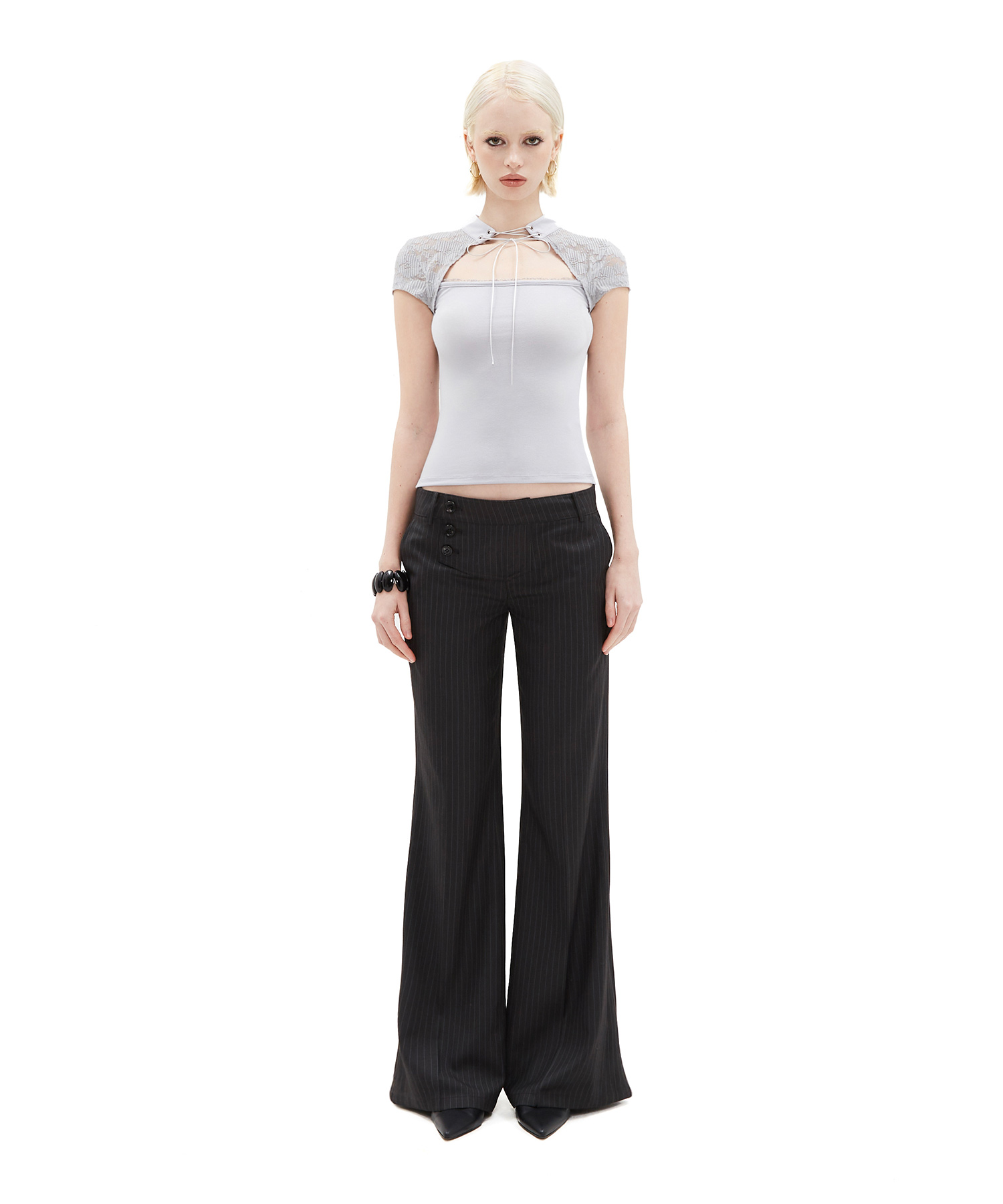 Tie-Neck Lace Slim Tee [Gray]