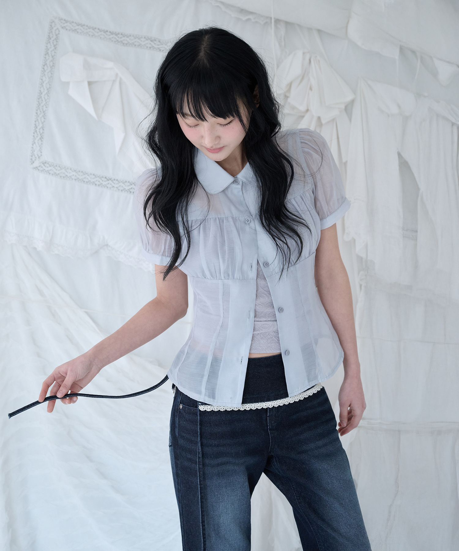 SHIRRING SHEER BLOUSE MISTY BLUE