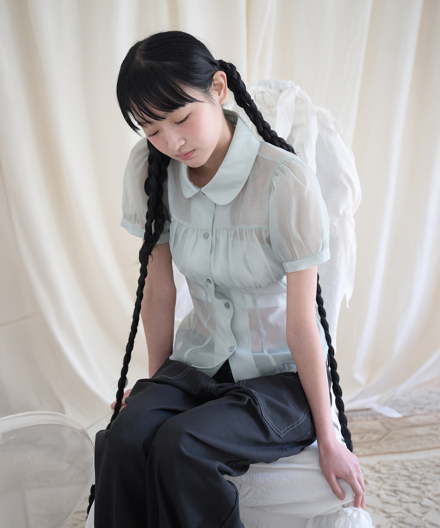 SHIRRING SHEER BLOUSE PISTACHIO