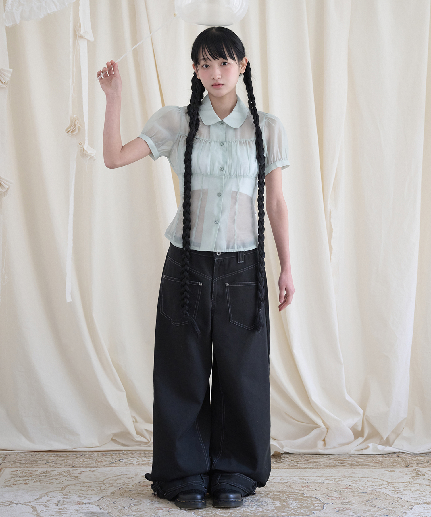 SHIRRING SHEER BLOUSE PISTACHIO