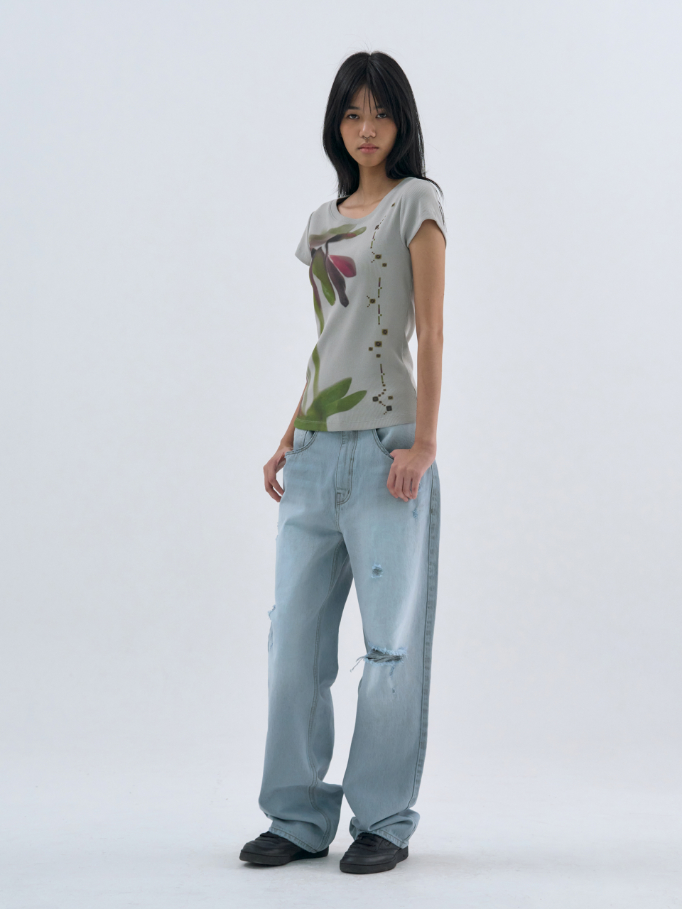 FLOWER HALF SLEEVE TEE - 3 COLORS GREY