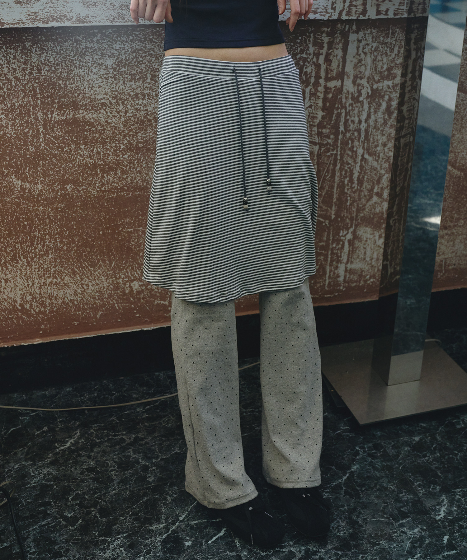 Dot Stripe Layered Skirt Pants Gray