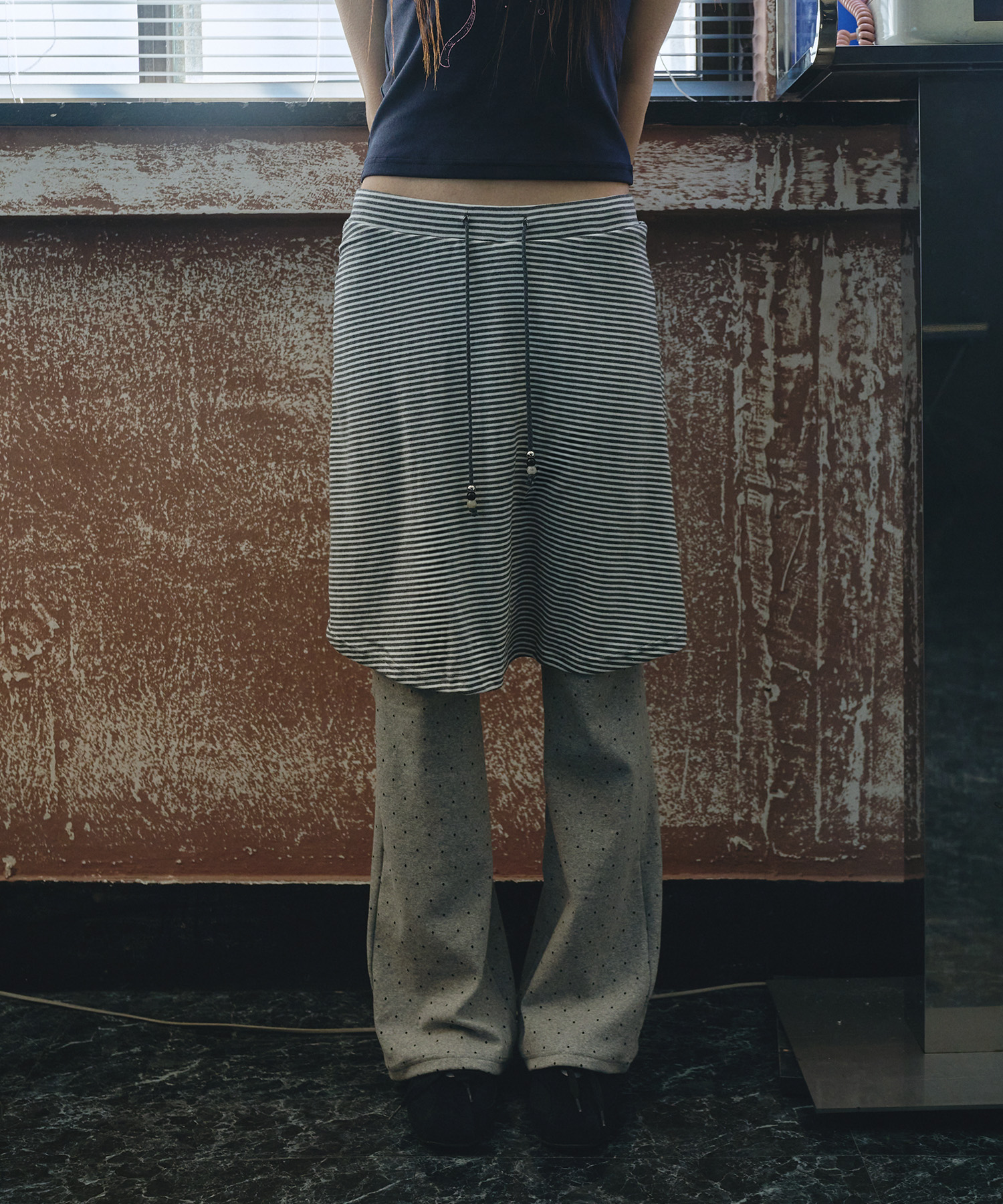 Dot Stripe Layered Skirt Pants Gray