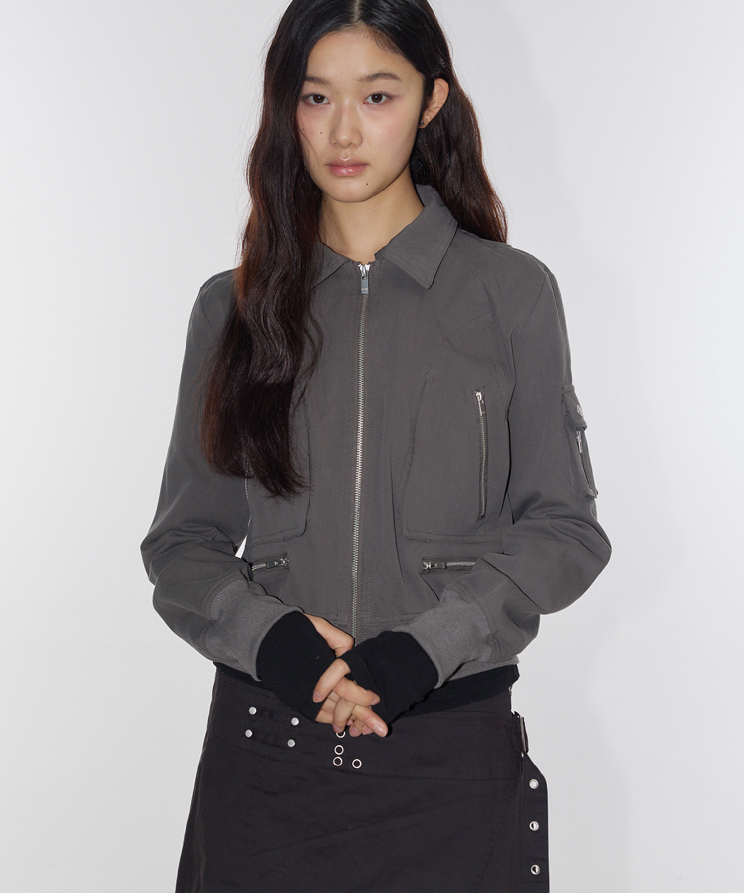 Double Pocket Single Collar Cotton блузон кроп куртка [Charcoal]