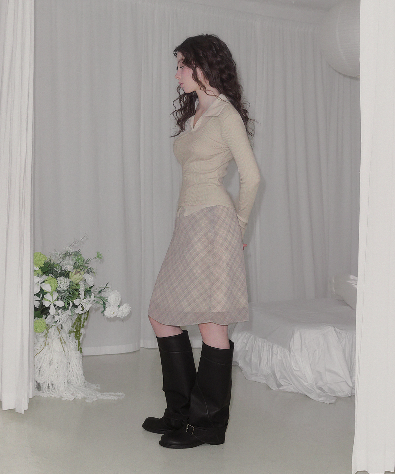 Прозрачный лонгслив в рубчик с воротником LeBel
