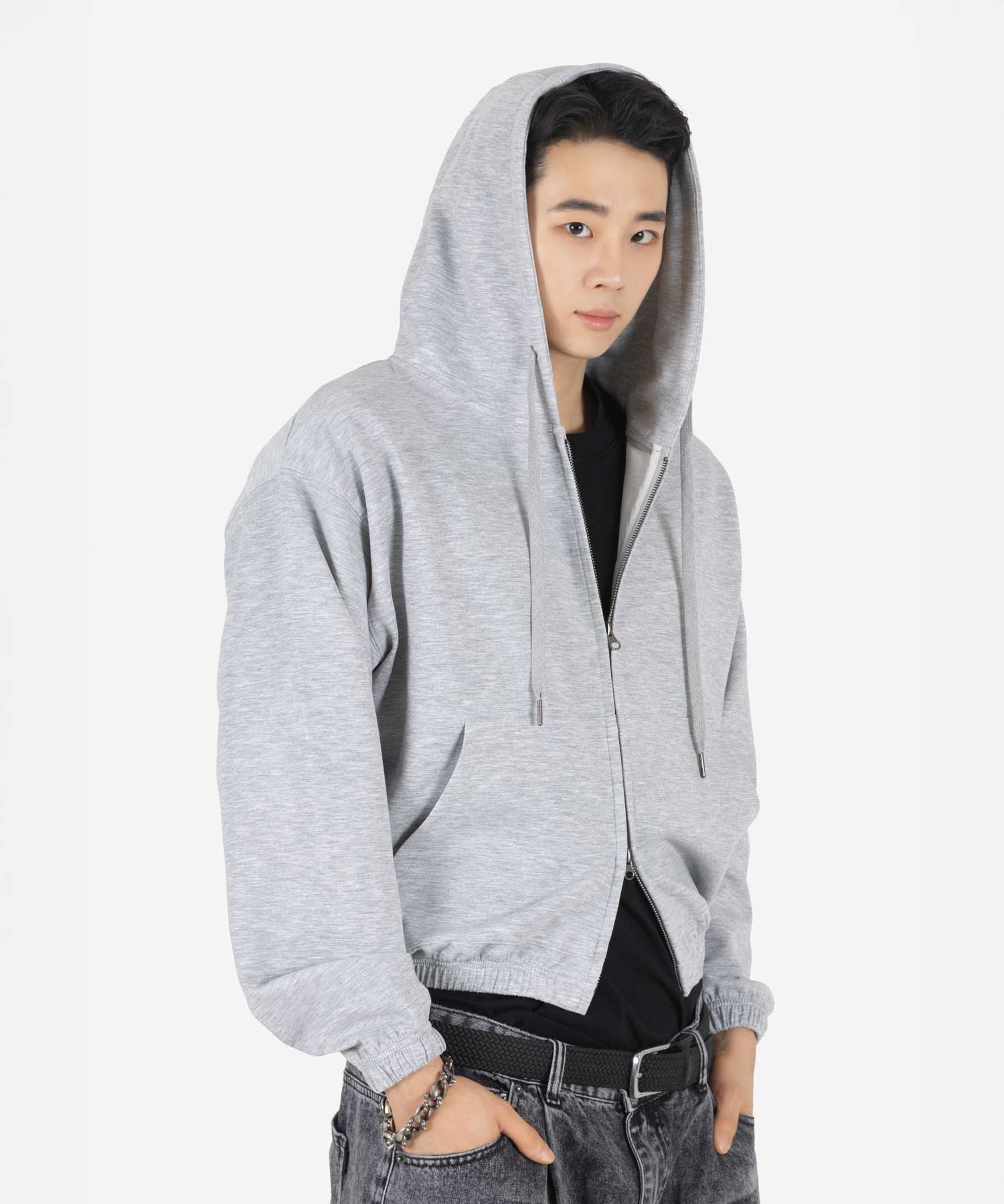 Simple Comfort Oversized Semi - Cropped Hoodie Zip - Up (MELANGE GREY)