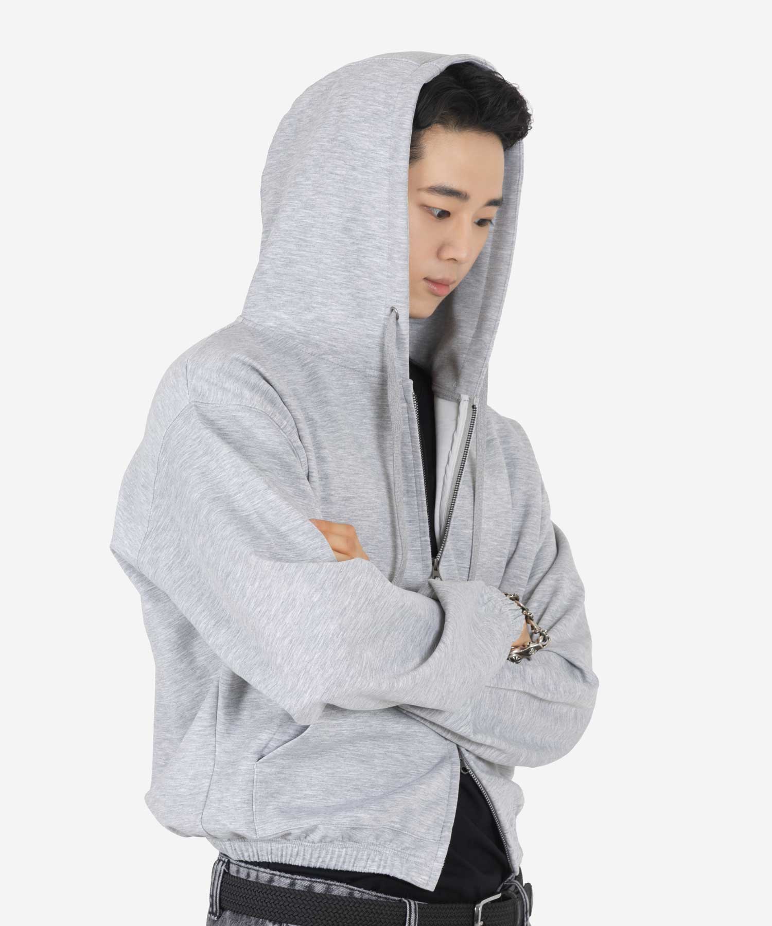 Simple Comfort Oversized Semi - Cropped Hoodie Zip - Up (MELANGE GREY)