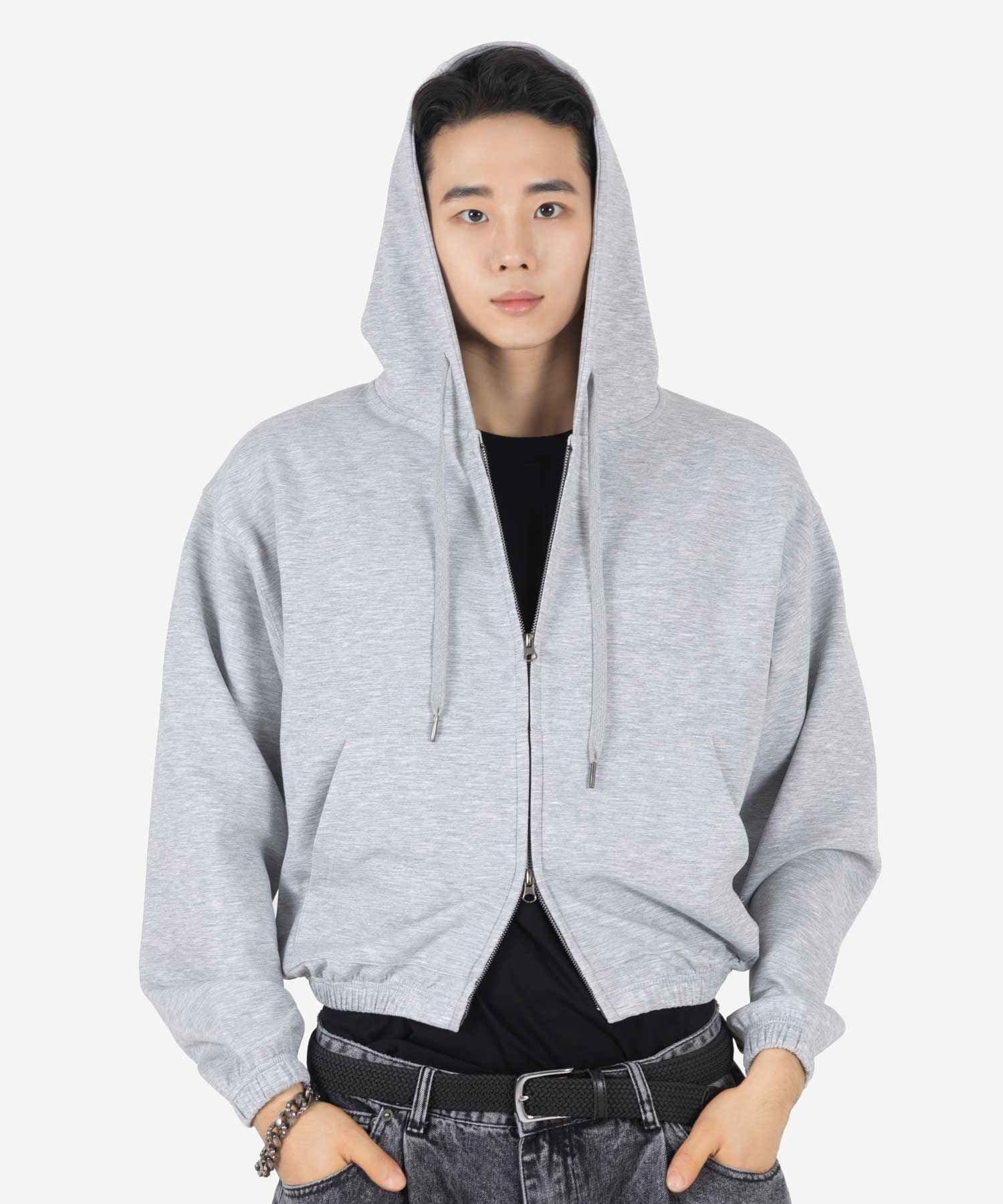 Simple Comfort Oversized Semi - Cropped Hoodie Zip - Up (MELANGE GREY)