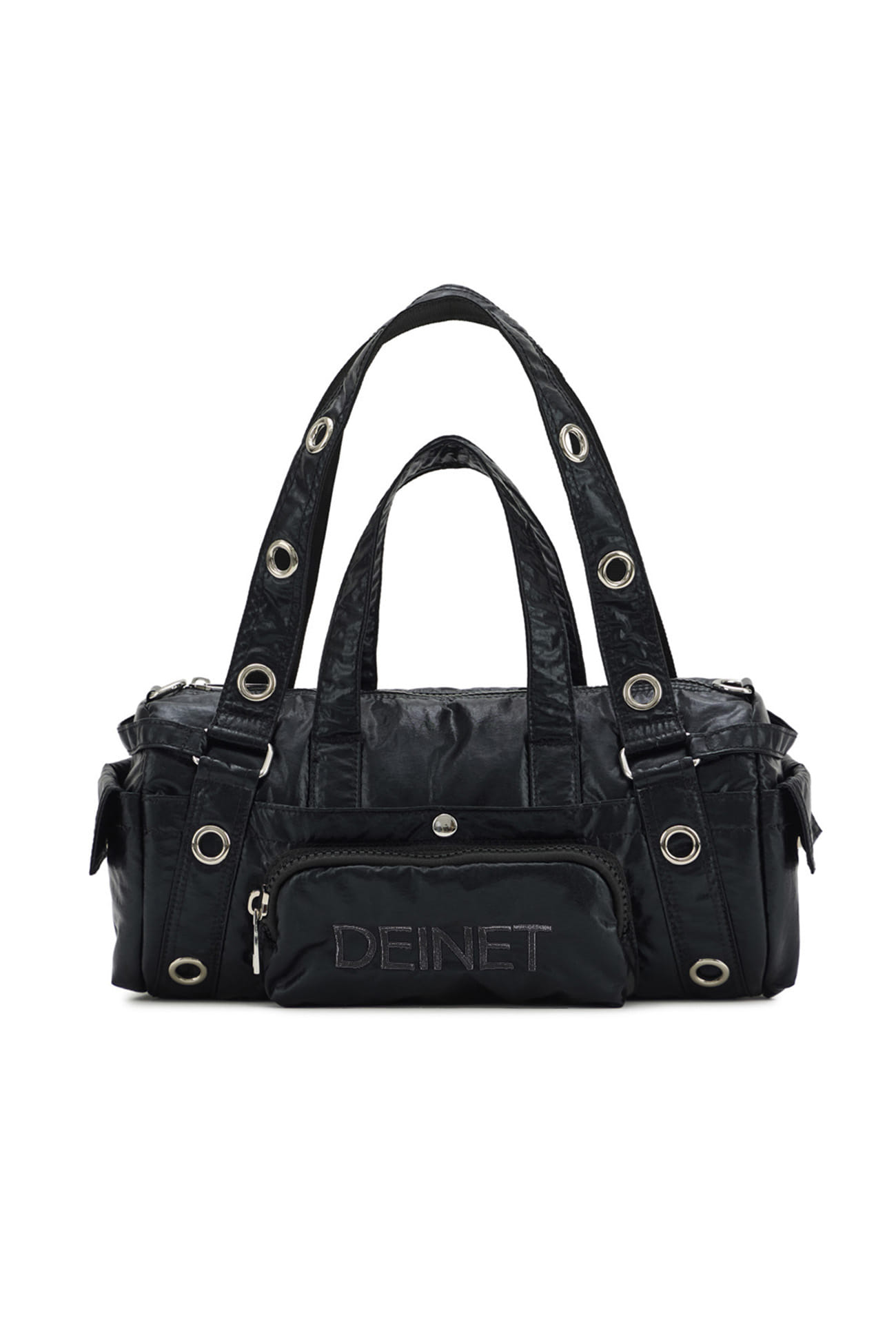 EYELET GLOSSY MINI DUFFLE BAG IN BLACK