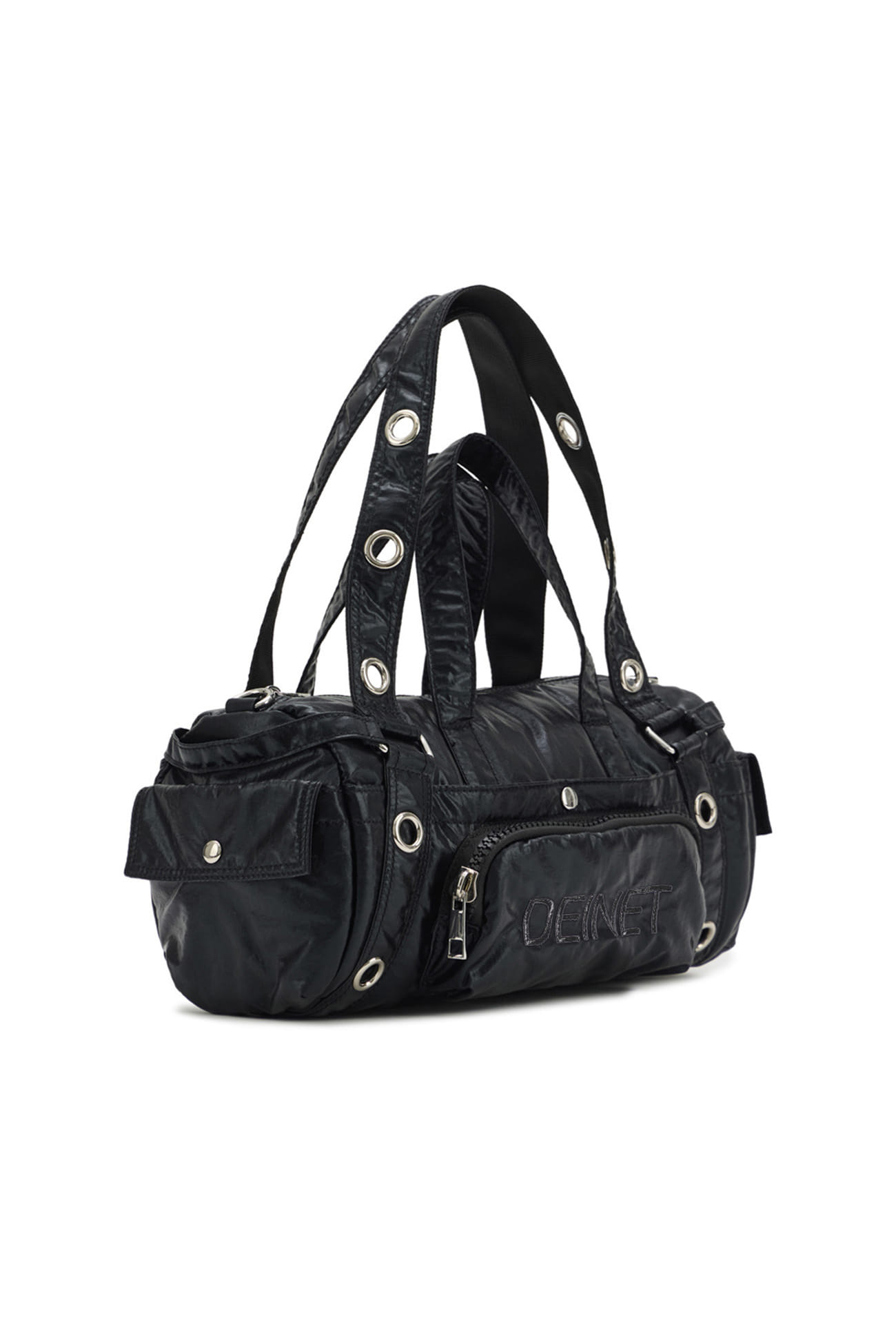 EYELET GLOSSY MINI DUFFLE BAG IN BLACK