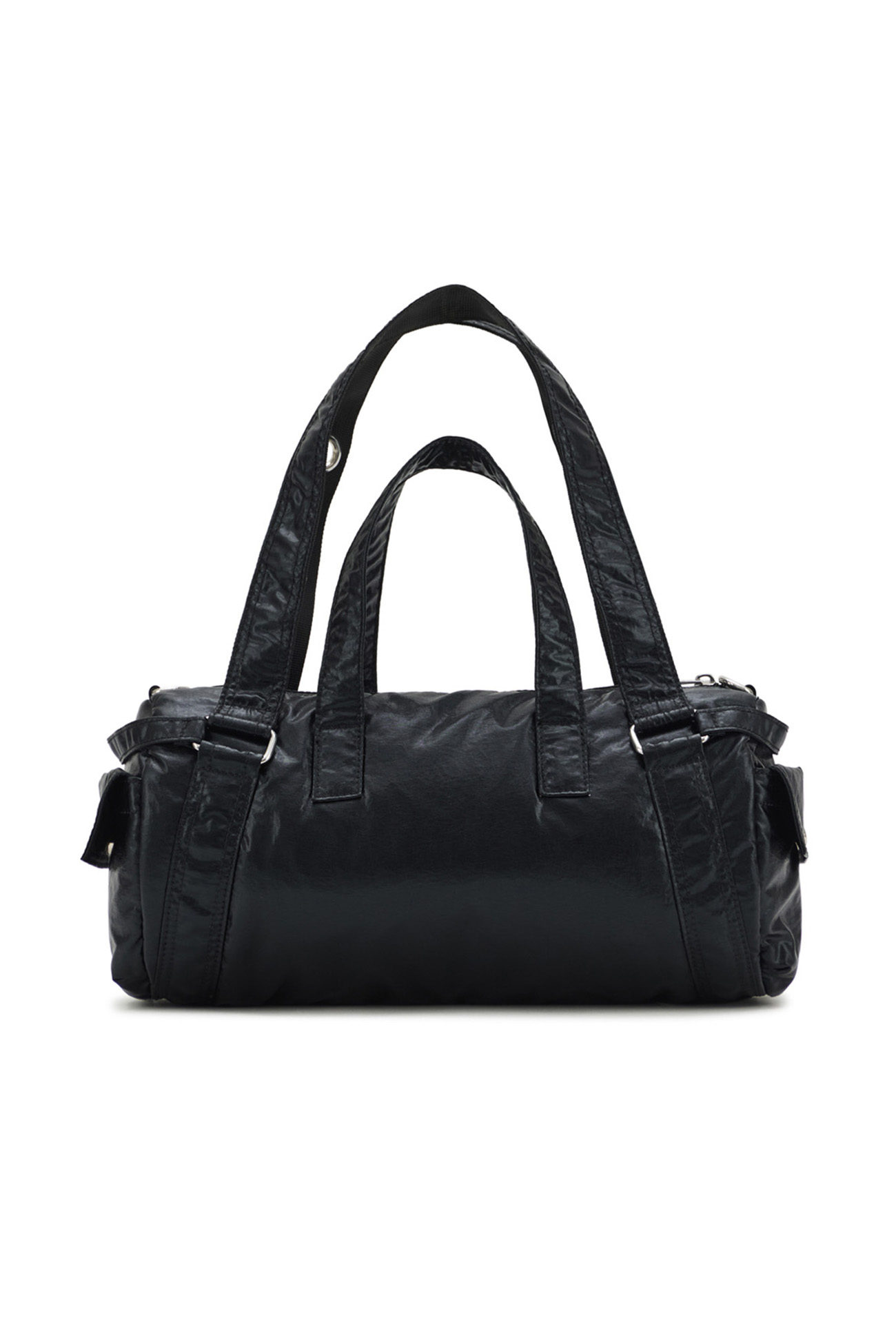 EYELET GLOSSY MINI DUFFLE BAG IN BLACK