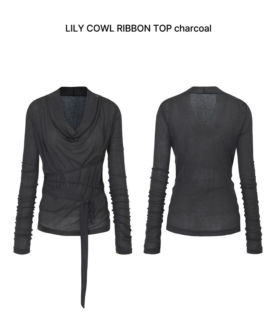 MUSINSA公式 | PAINORPLEASURE LILY COWL RIBBON TOP charcoal
