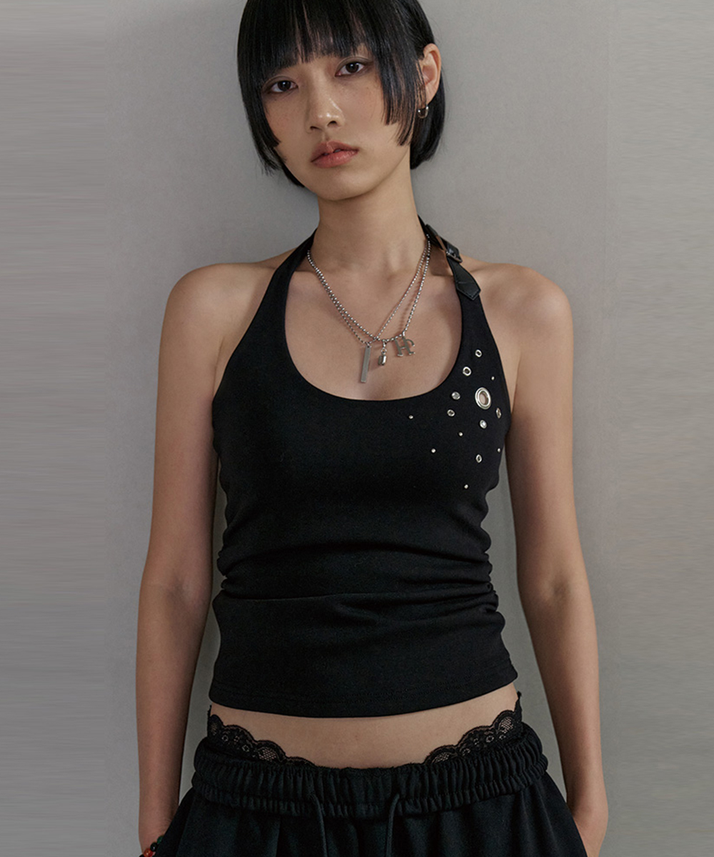 Eyelet Belted Halter Neck Shirring Top (черный)