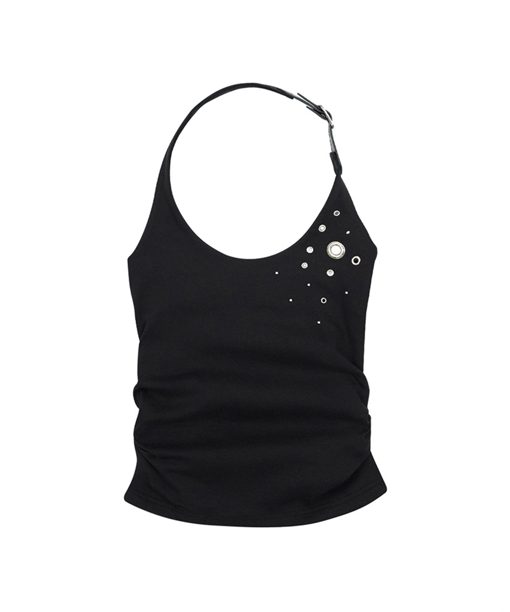 Eyelet Belted Halter Neck Shirring Top (черный)