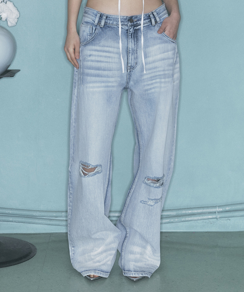 25Damaged Washing Wide Denim (Ice Blue)