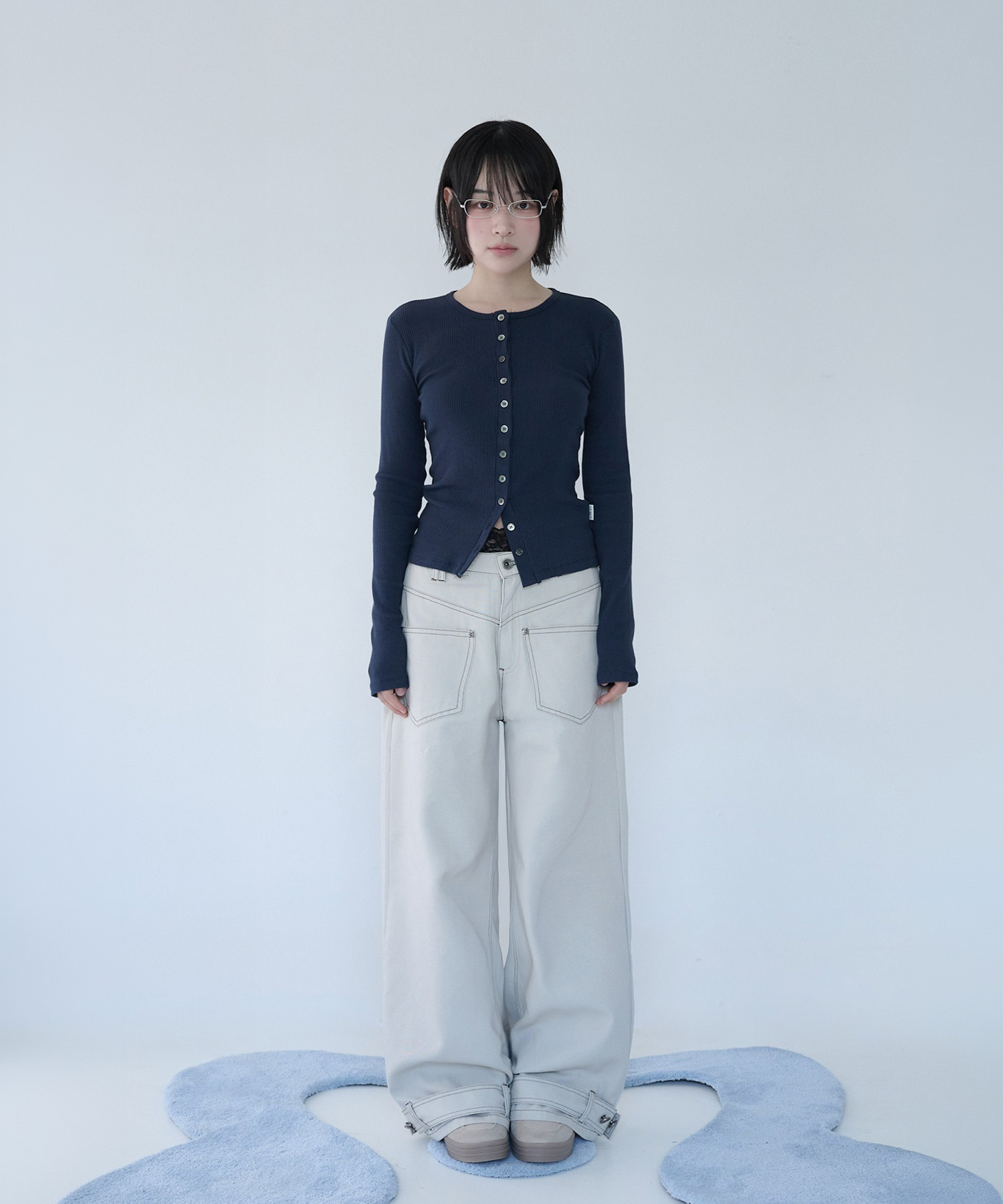 BUTTON RIBBED CARDIGAN морской