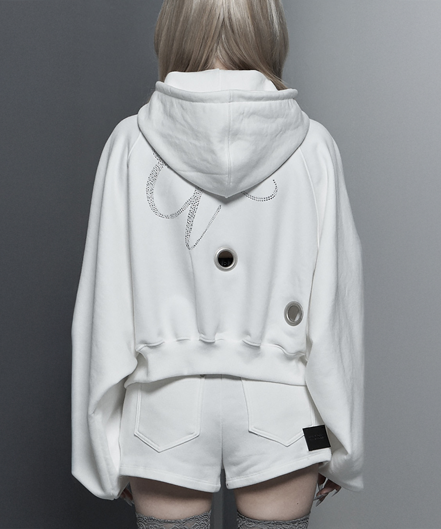 Hotfix Detail Cropped Two-Way Zip Hoodie (White)