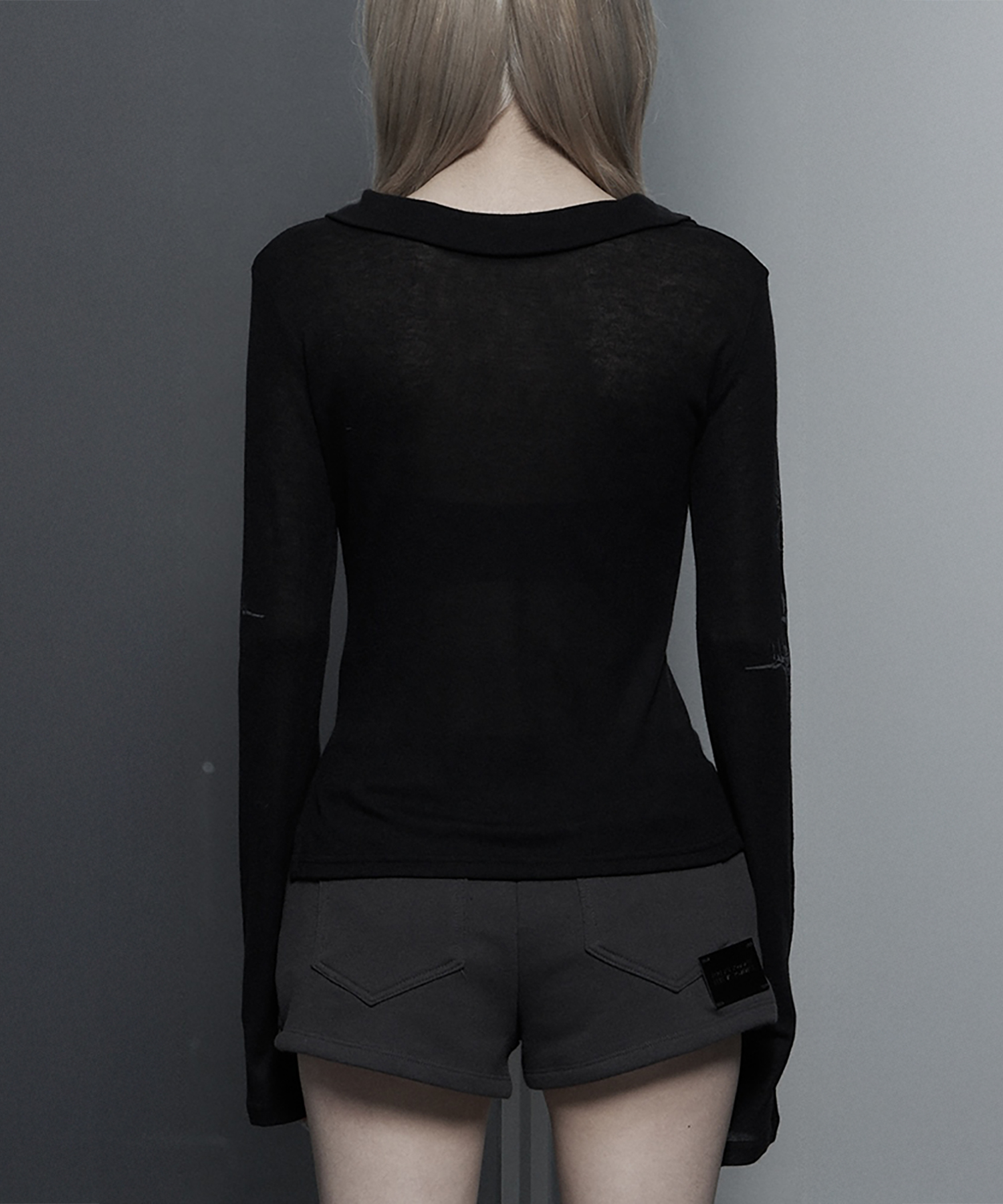 Rib Collar tattoo Long Sleeve Top (Black)