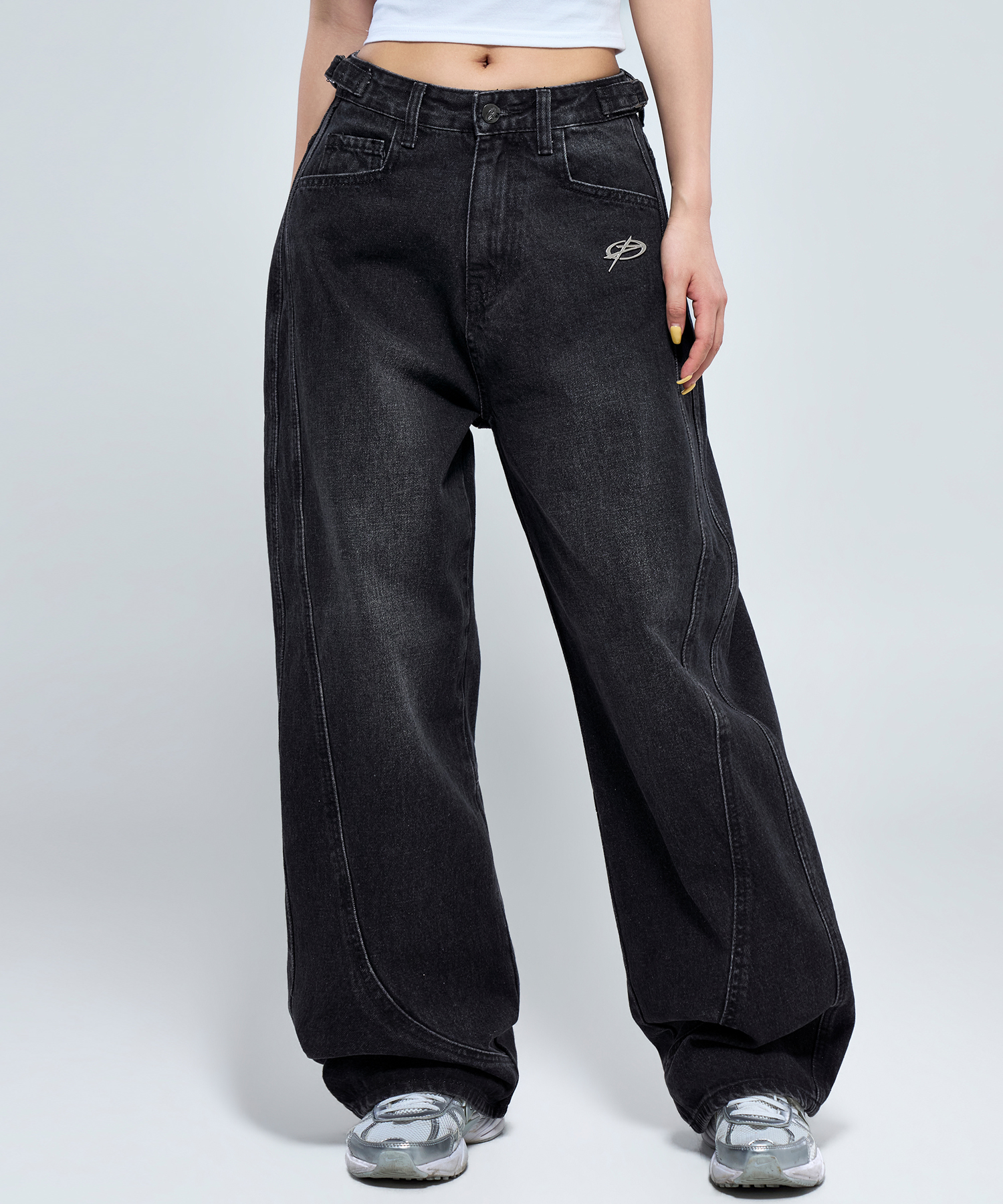 P5070 Washed Black женские кривой крой джинсы тёмно-синие