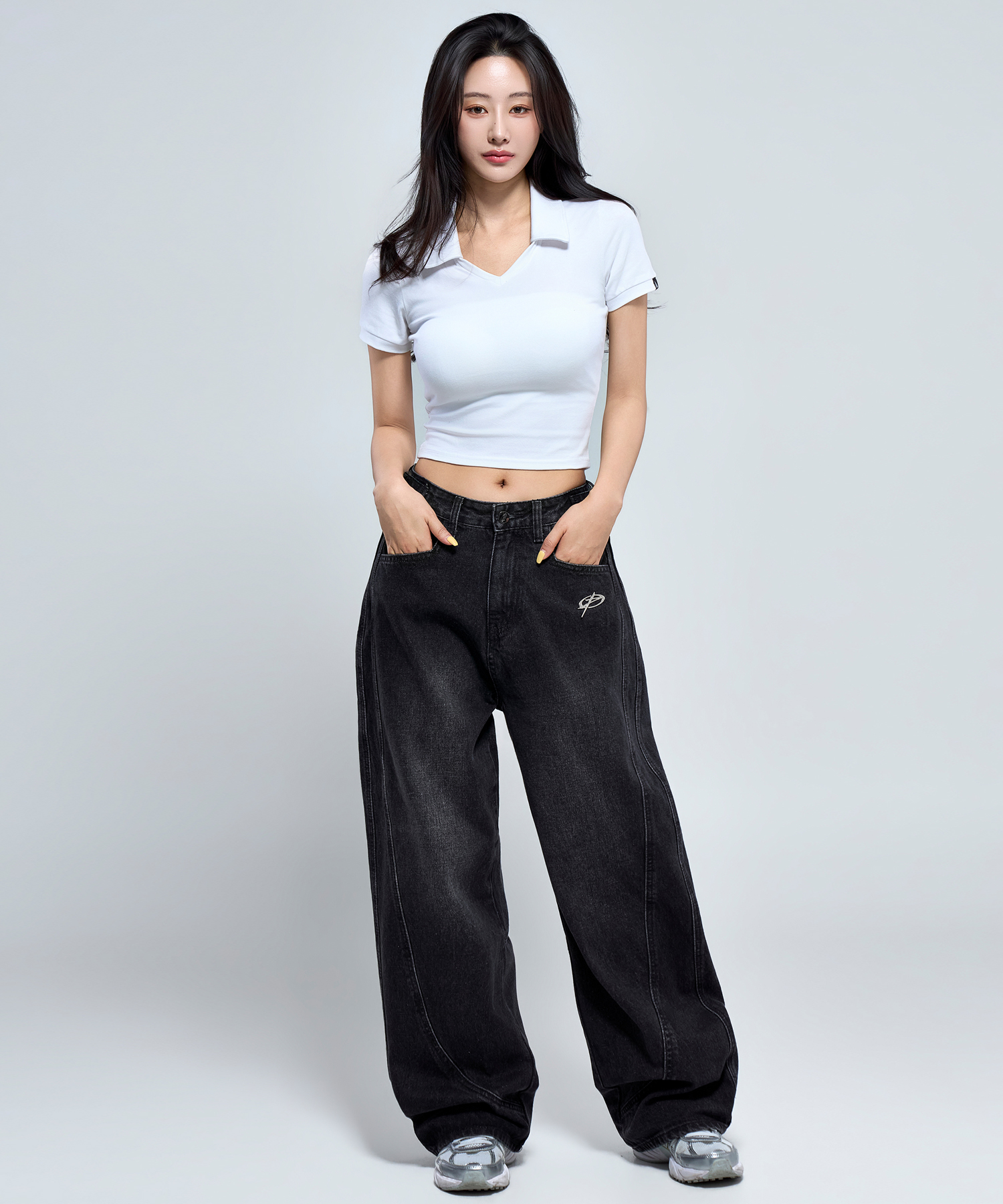 P5070 Washed Black женские кривой крой джинсы тёмно-синие